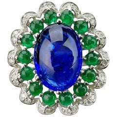 9.20 Carat Tanzanite and Emerald Cabochon Cocktail Ring