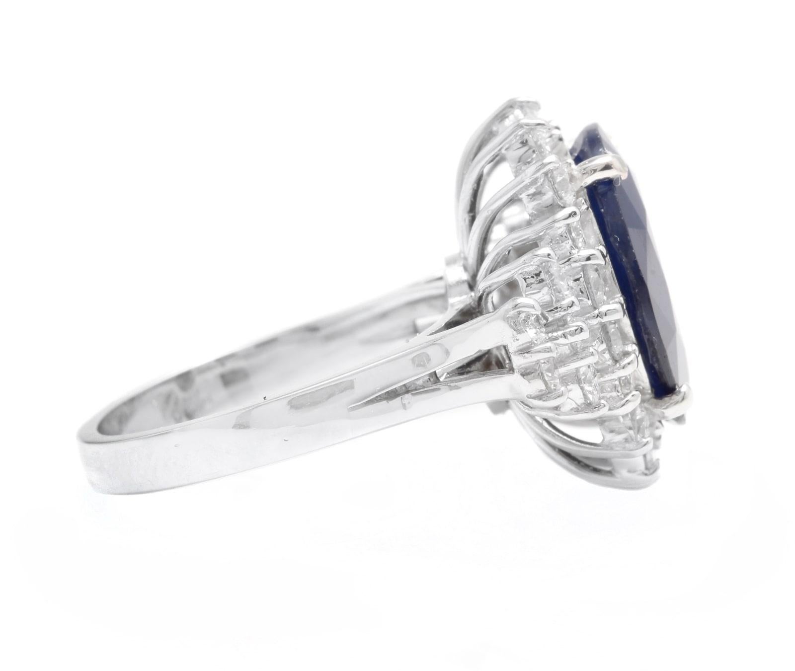 Mixed Cut 9.20 Carats Natural Blue Sapphire and Diamond 14K Solid White Gold Ring For Sale