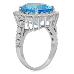 9.20 Carats Natural Swiss Blue Topaz and Diamond 14K Solid White Gold Ring