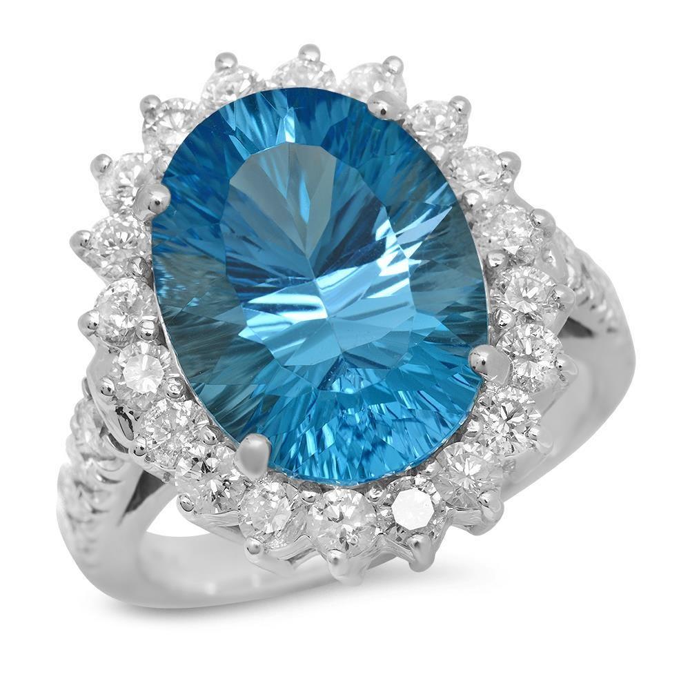 Mixed Cut 9.20 Carats Natural Swiss Blue Topaz and Diamond 14K Solid White Gold Ring For Sale