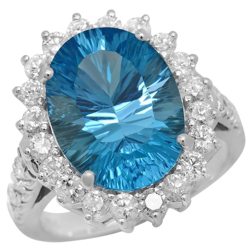 9.20 Carats Natural Swiss Blue Topaz and Diamond 14K Solid White Gold Ring