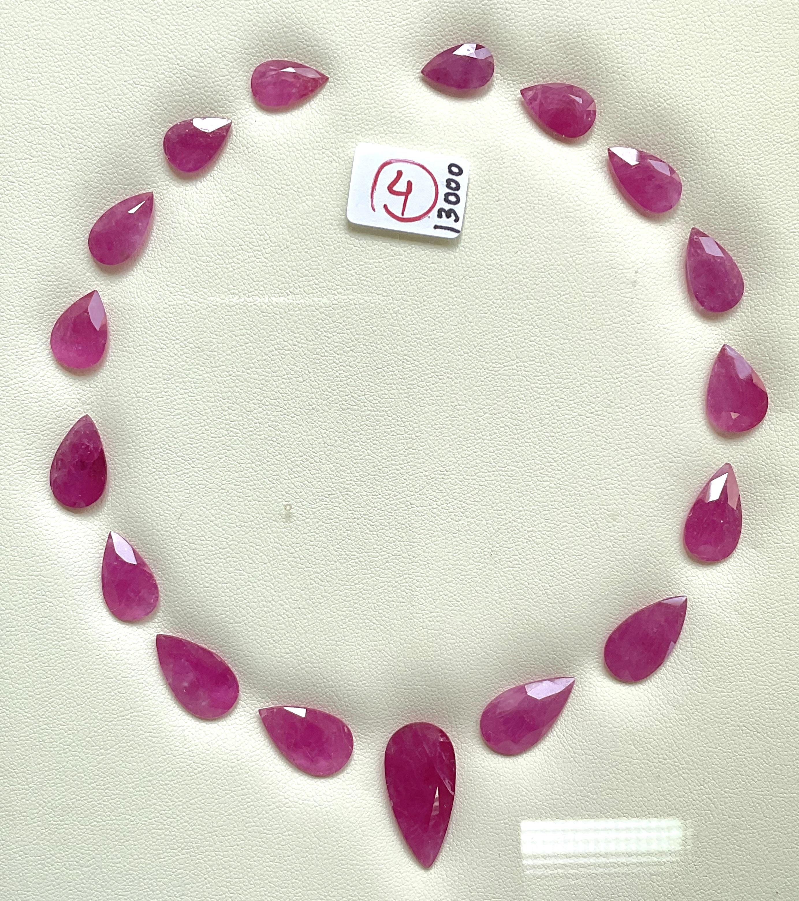 92.09 carats ruby Mozambique cut stone pear 17 Pieces layout heated natural gem

Weight: 144.90 Carats
Size: 6x11 to 12x24 MM
Shape: pear cut
Pieces - 17
