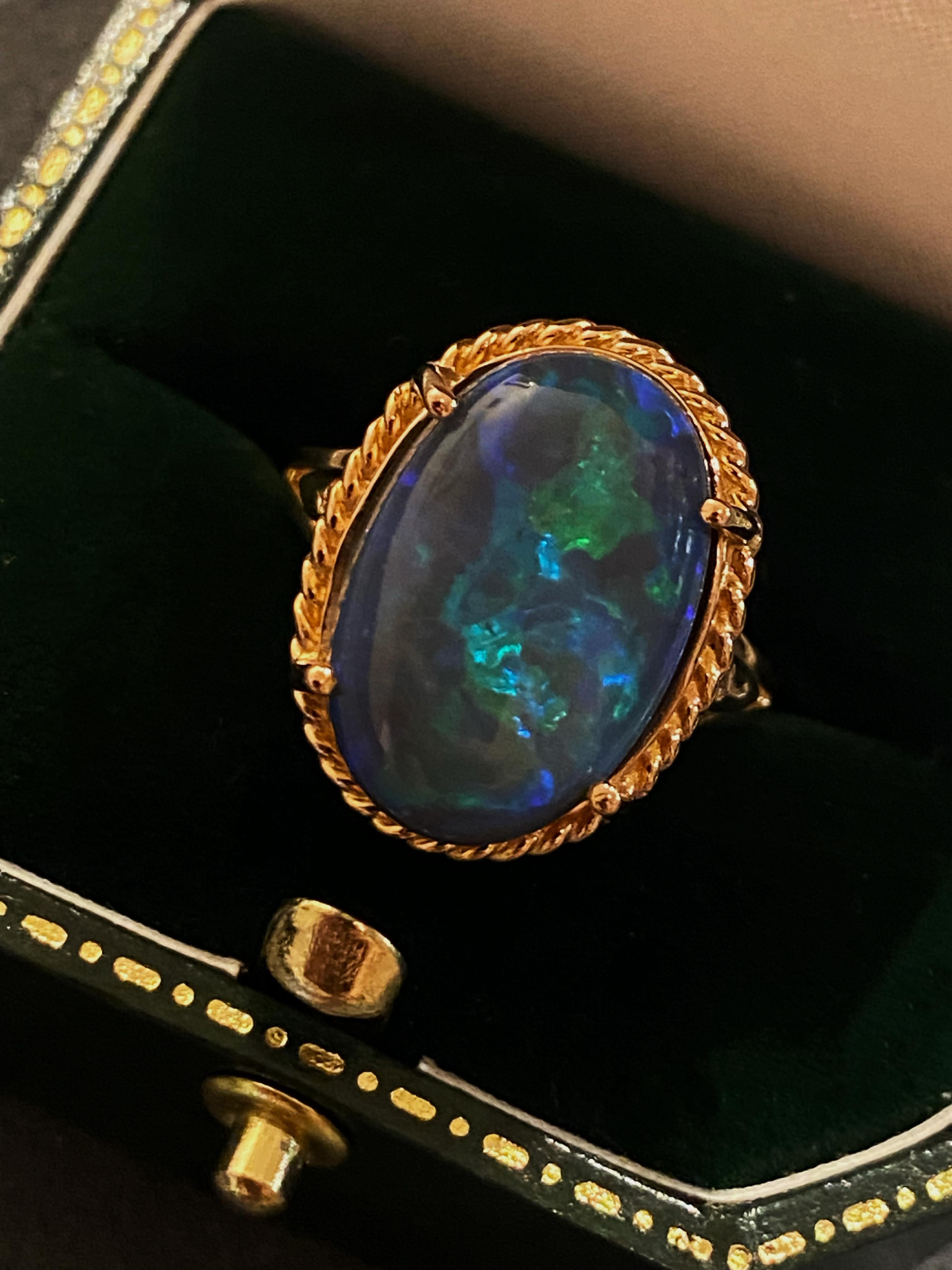 Oval Cut 9.20ct Australian Solid Type 1 Black Opal, Diamond 18K Rose Gold Ring, GSL cert. For Sale