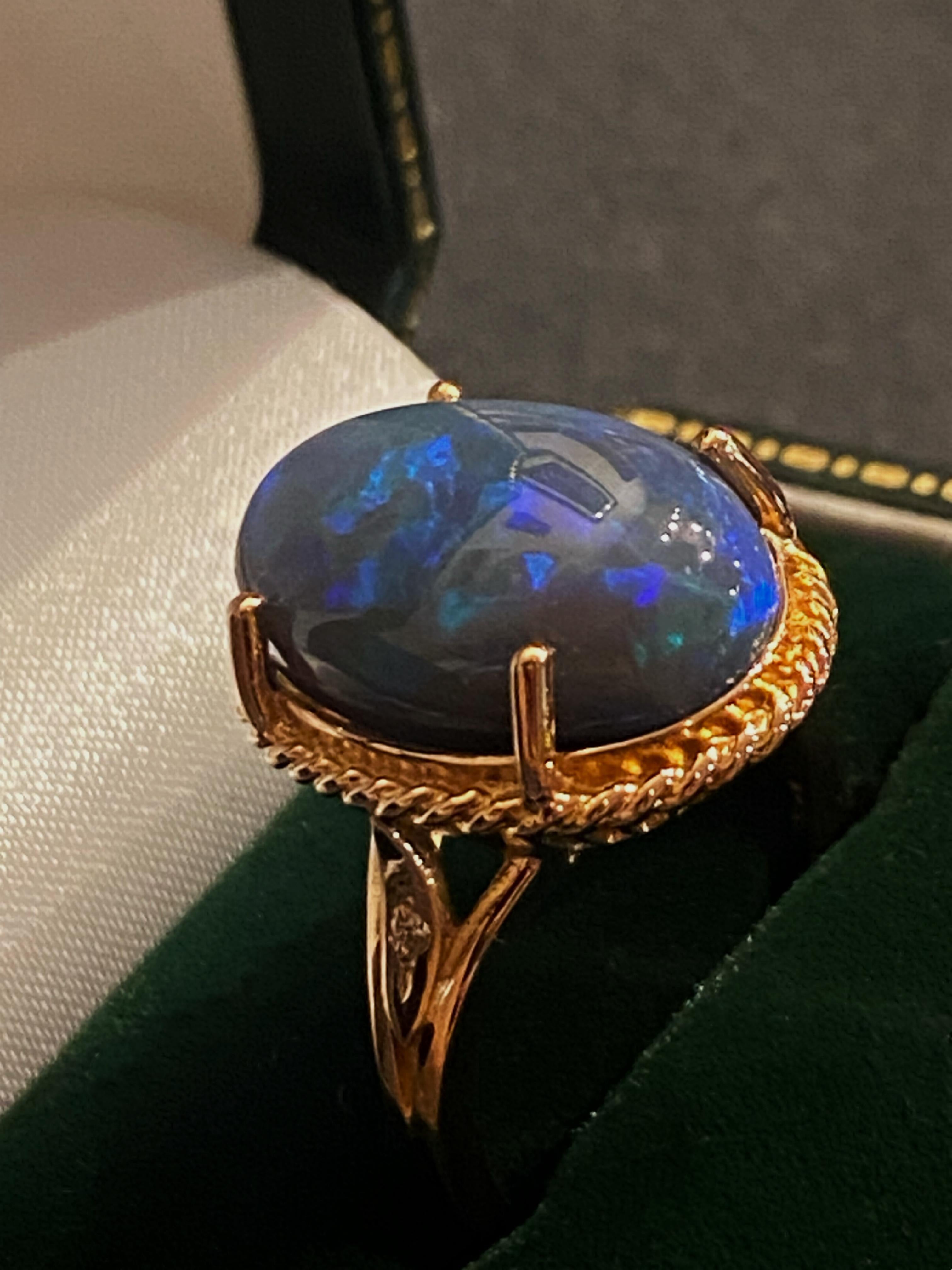 Women's 9.20ct Australian Solid Type 1 Black Opal, Diamond 18K Rose Gold Ring, GSL cert. For Sale