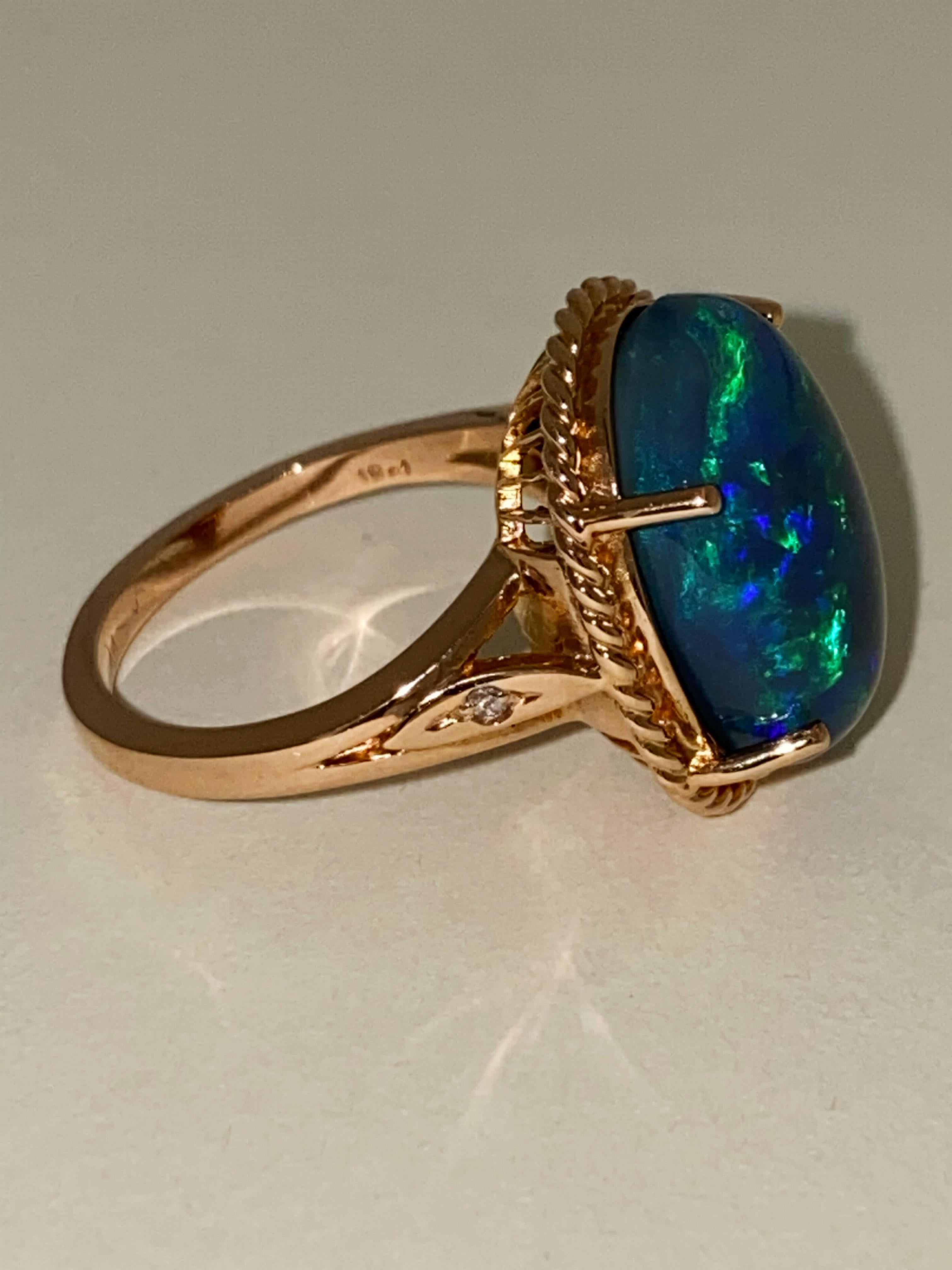 9.20ct Australian Solid Type 1 Black Opal, Diamond 18K Rose Gold Ring, GSL cert. For Sale 1