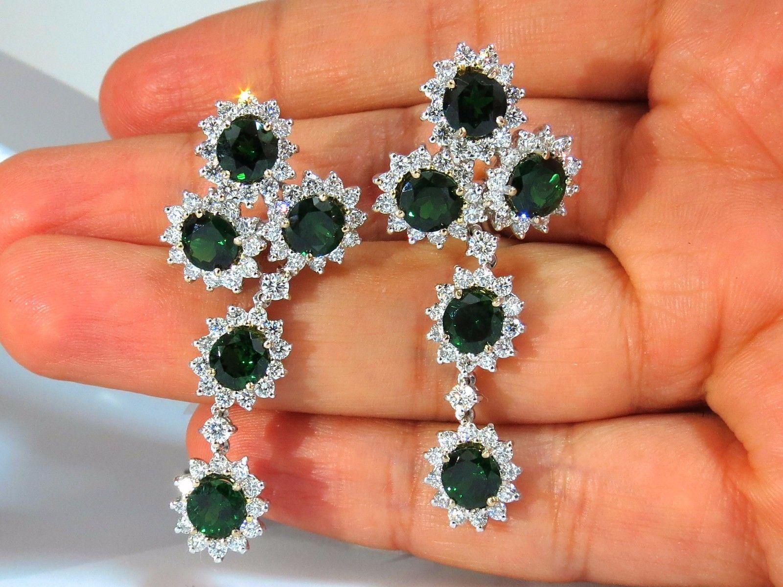 Round Cut 9.20ct natural vivid green tsavorite 4.18ct diamond dangle earrings 18kt For Sale