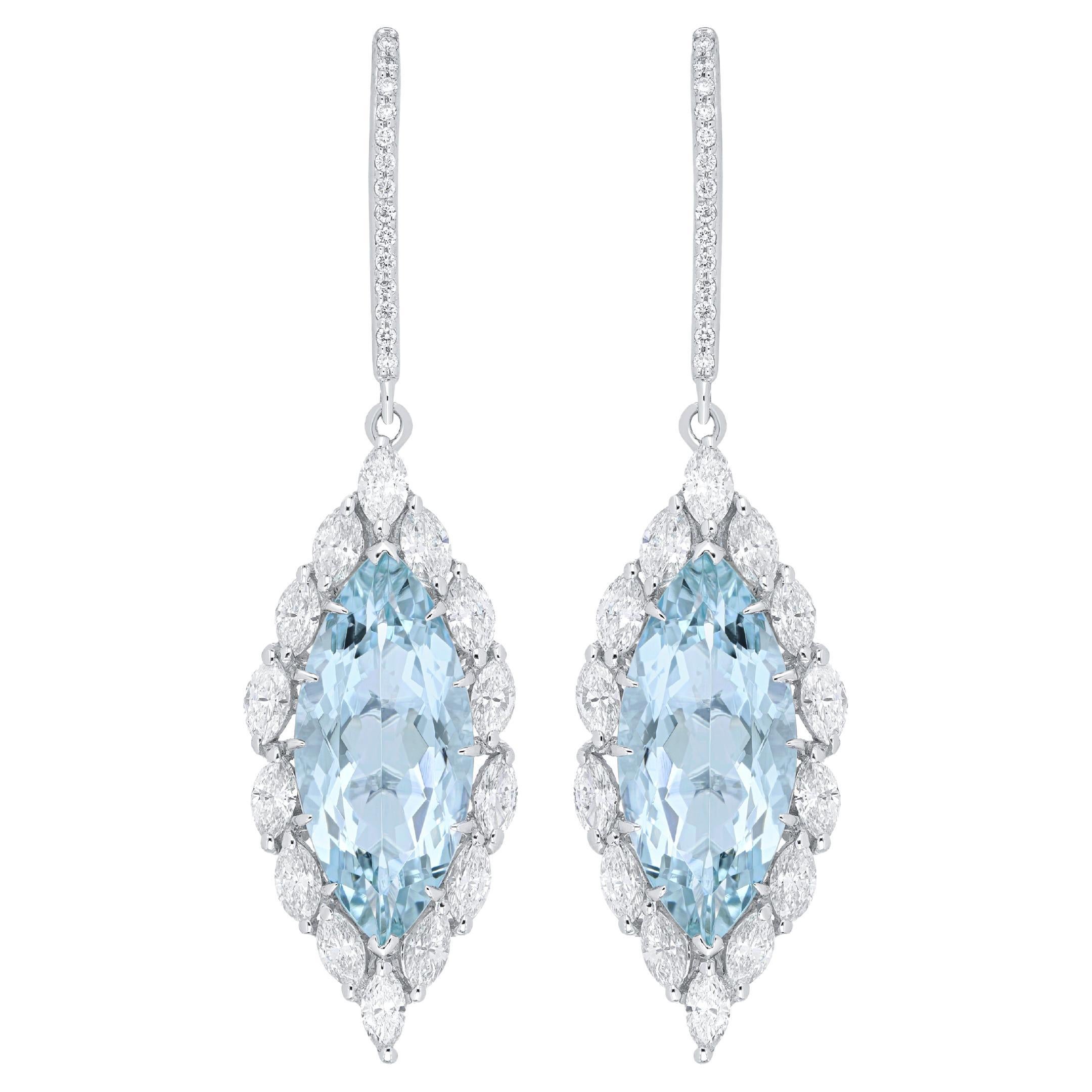 9.20Cts Aquamarine Marquise & Diamond Earing in 18 Karat White Gold Drop Earring For Sale