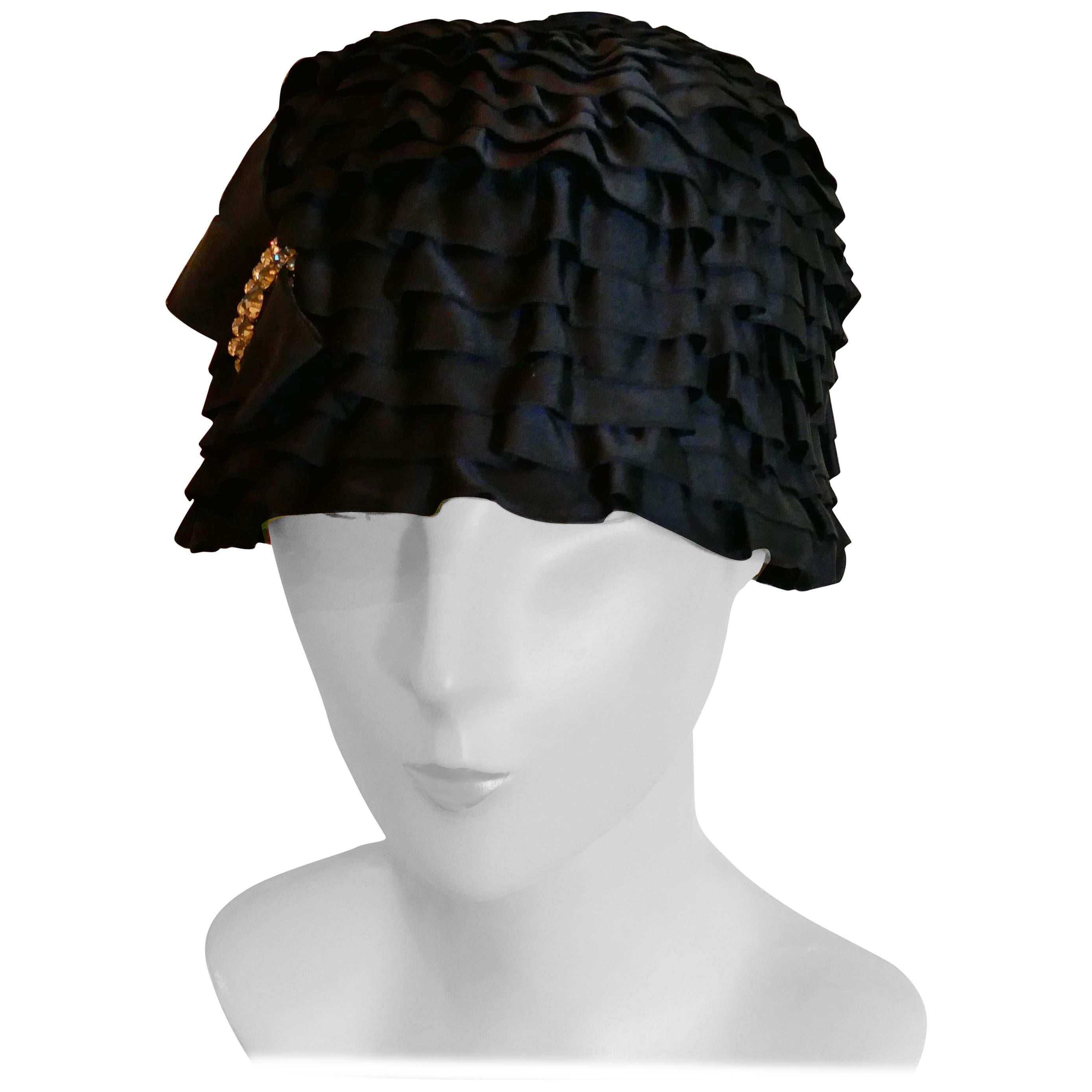 920’s Tight Fitting Black Satin Evening Hat By Dolores of London and Paris 