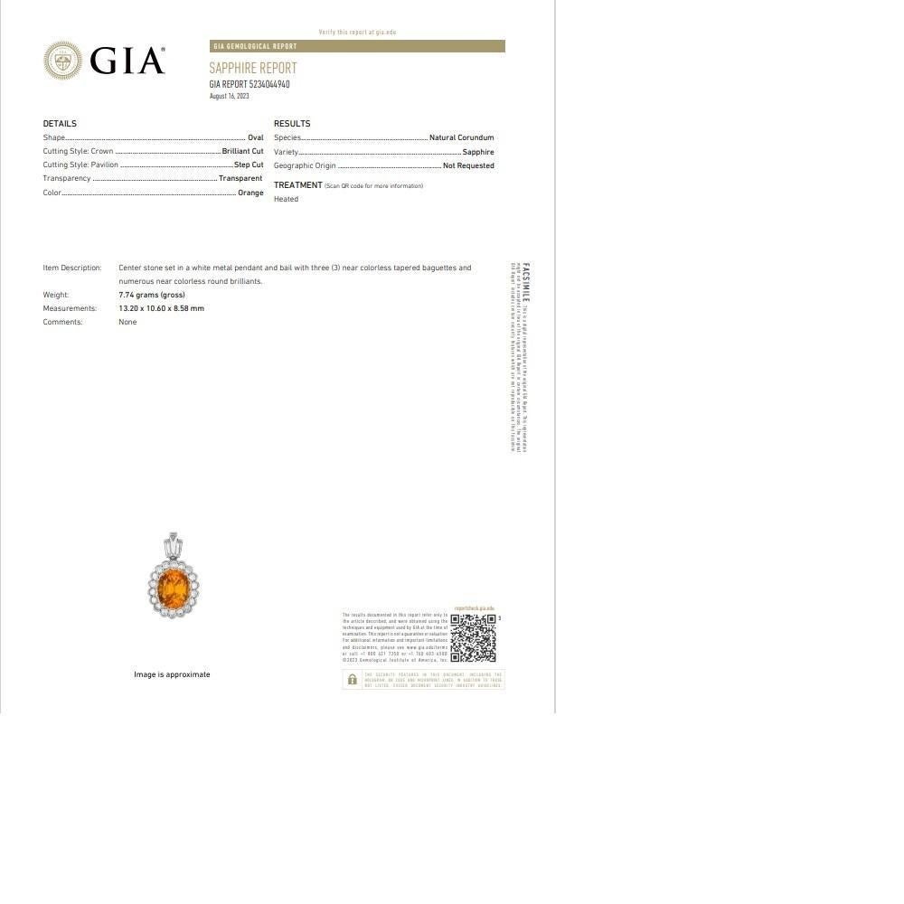 Women's 9.21 Carat Orange Sapphire Diamond 14k White Gold Drop Pendant, GIA Certified For Sale