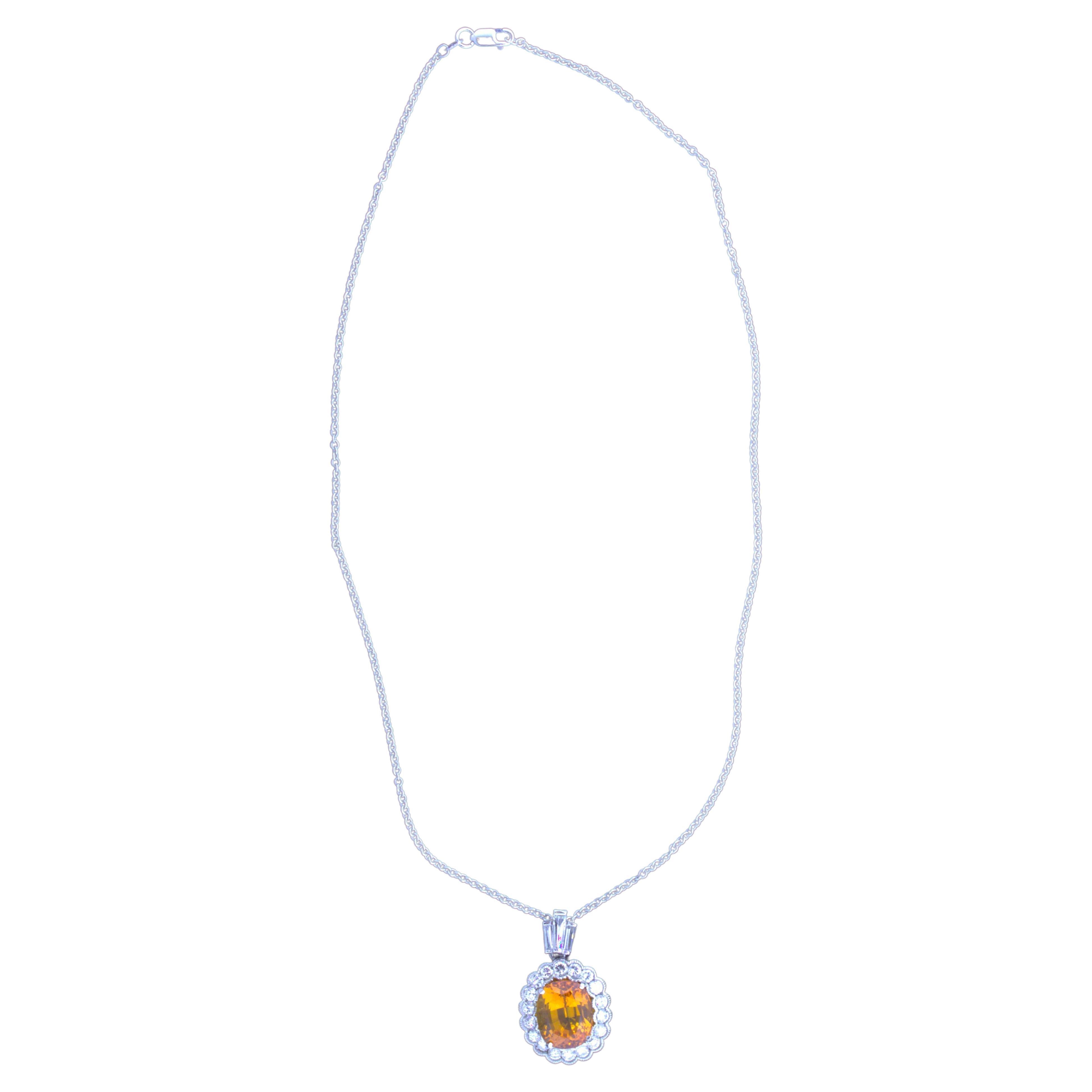 9.21 Carat Orange Sapphire Diamond 14k White Gold Drop Pendant, GIA Certified For Sale