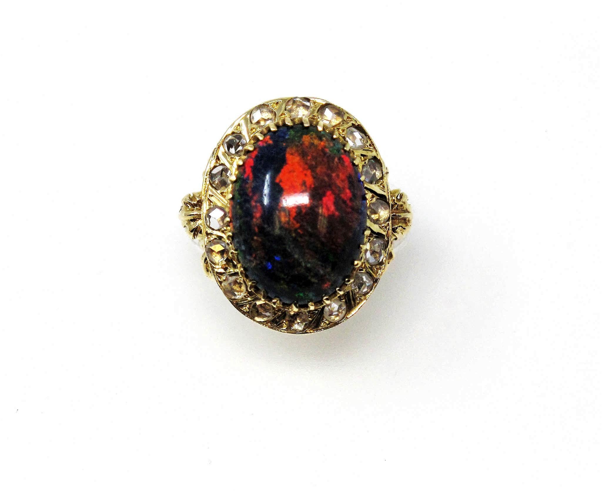 9.21 Carat Oval Cabochon Black Opal and Diamond Halo Cocktail Ring 14 Karat Gold For Sale 2
