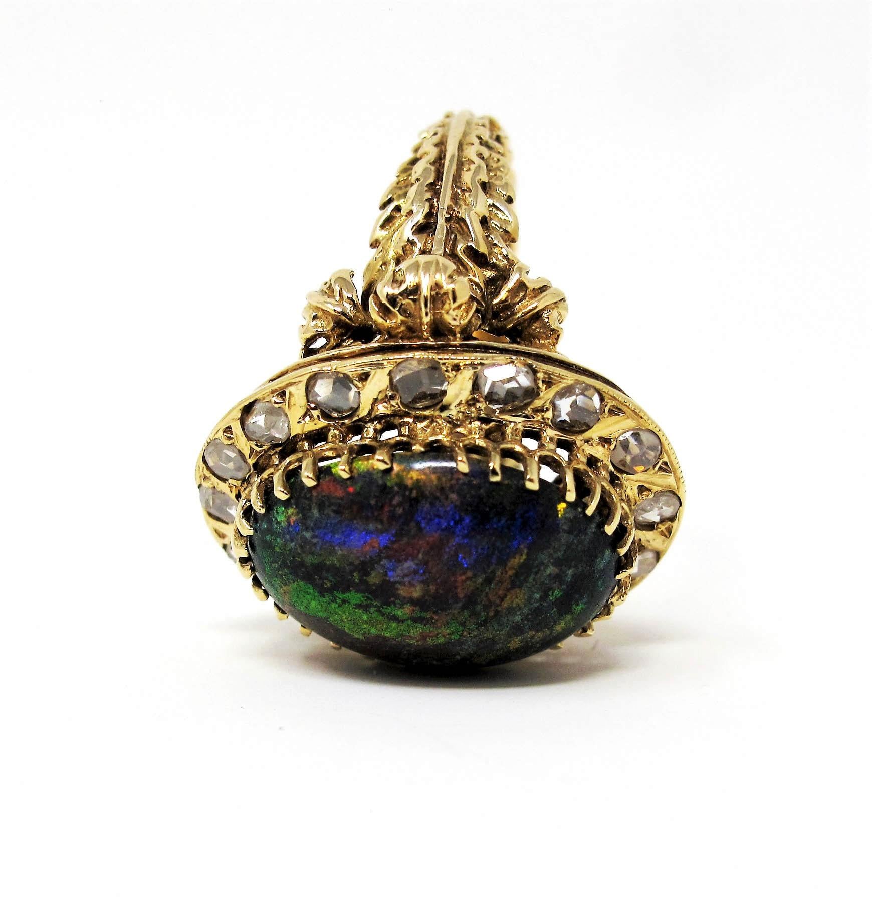 Contemporary 9.21 Carat Oval Cabochon Black Opal and Diamond Halo Cocktail Ring 14 Karat Gold For Sale