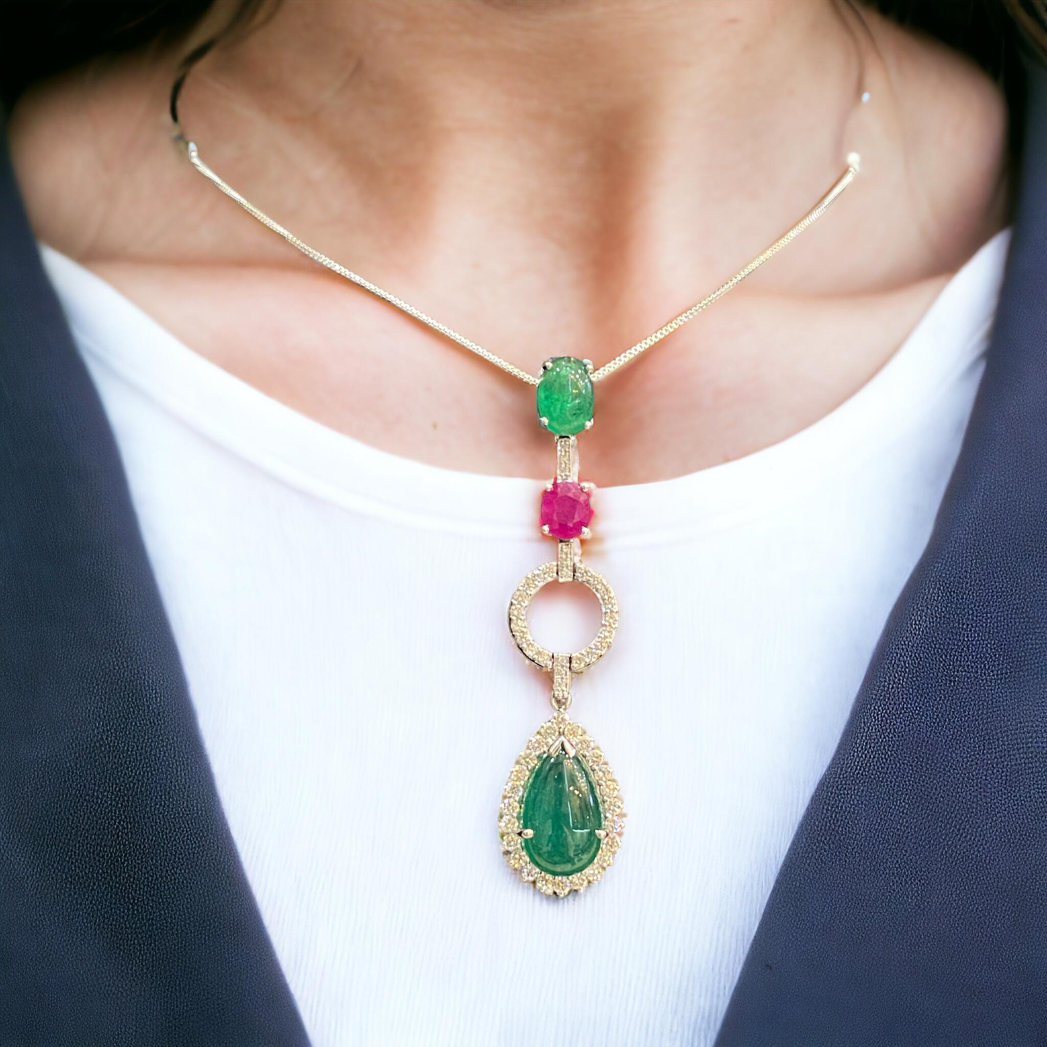 Round Cut 9.21 Cts F/VS1 AIG Round Diamonds Zambian Emerald Burma Ruby Necklace 18K Gold For Sale