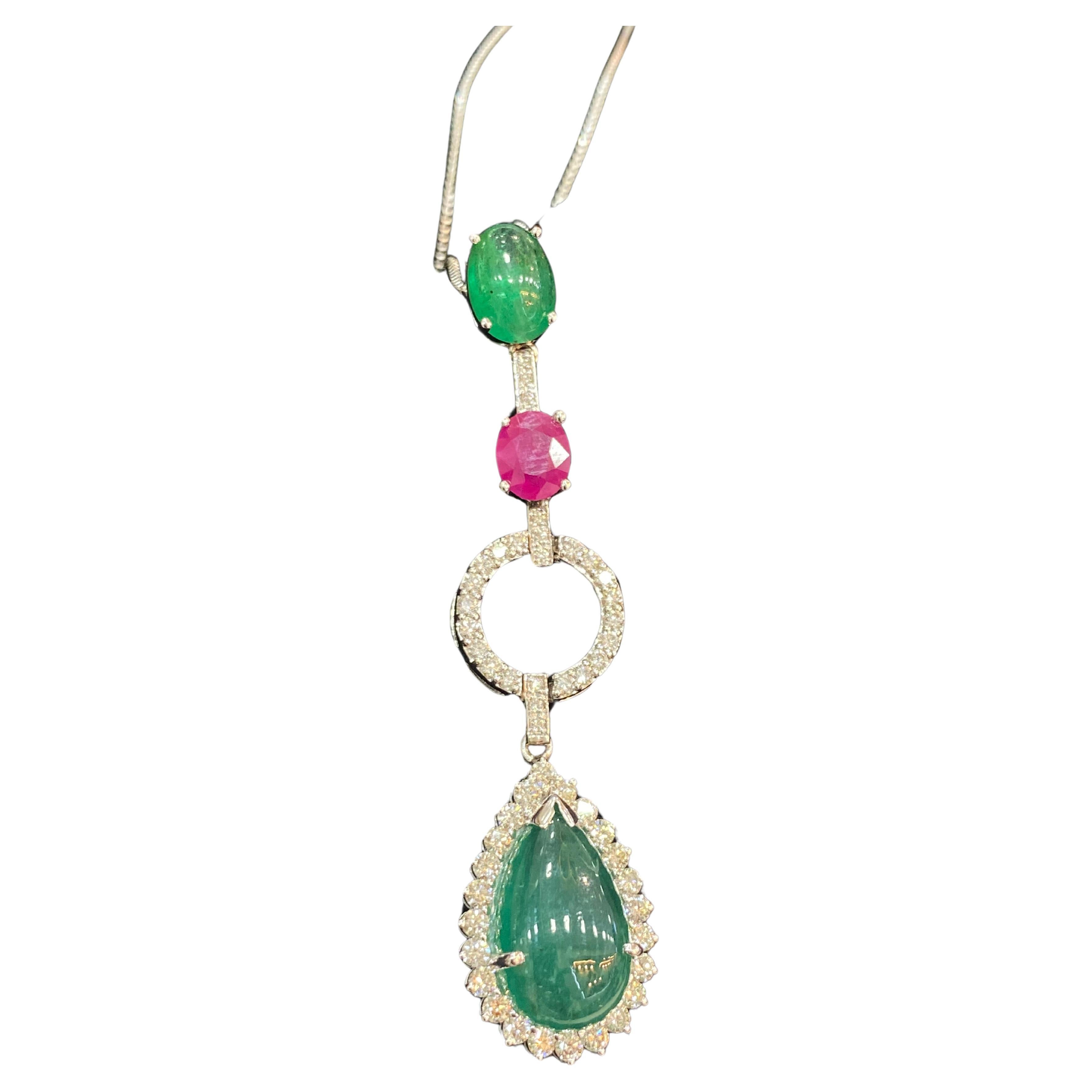 9.21 Cts F/VS1 AIG Round Diamonds Zambian Emerald Burma Ruby Necklace 18K Gold For Sale