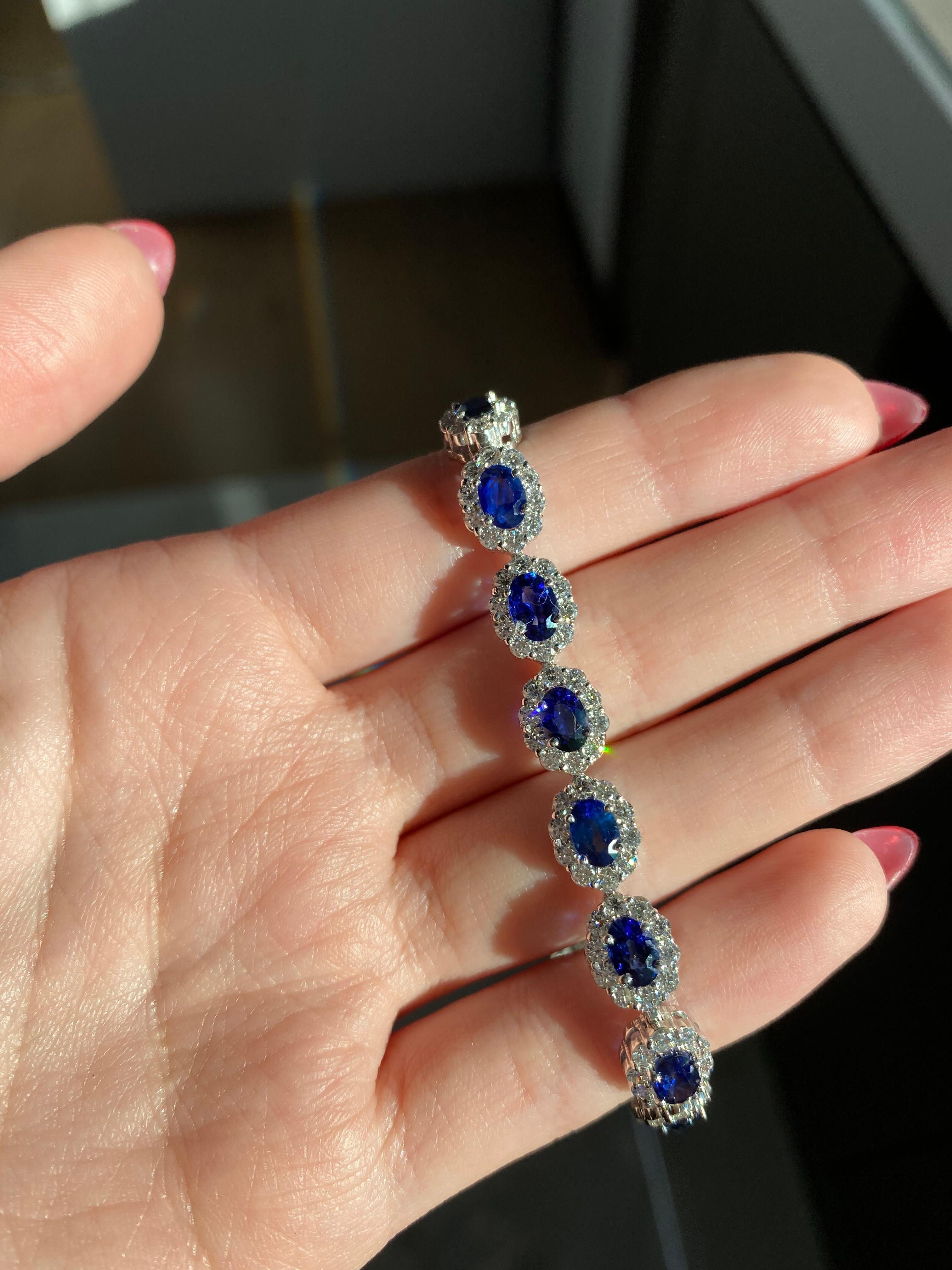 9.21ct Oval Blue Sapphire and 5.56ct Round Diamond Halo 14kt White Gold Bracelet 1