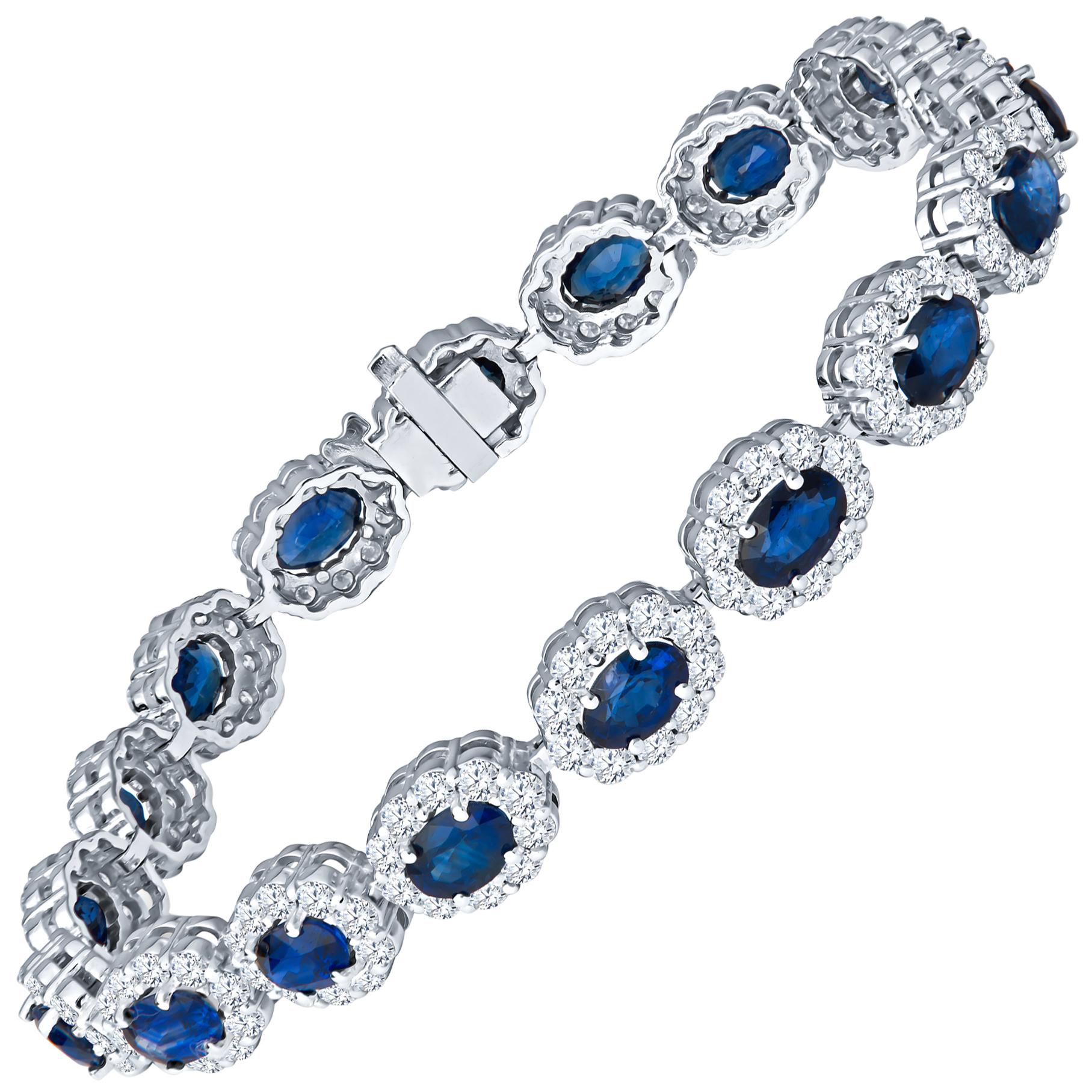 9.21ct Oval Blue Sapphire and 5.56ct Round Diamond Halo 14kt White Gold Bracelet