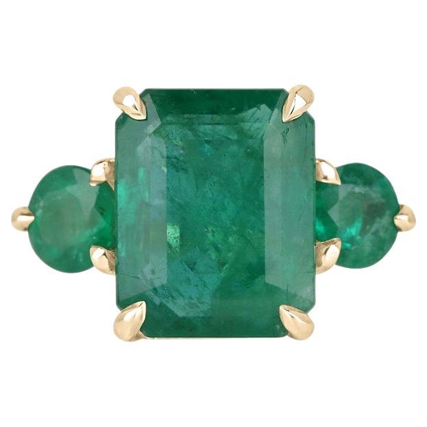9.21tcw 18K Emerald Cut & Round Emerald Three-Stone Ring - Lush Green 585 Gold