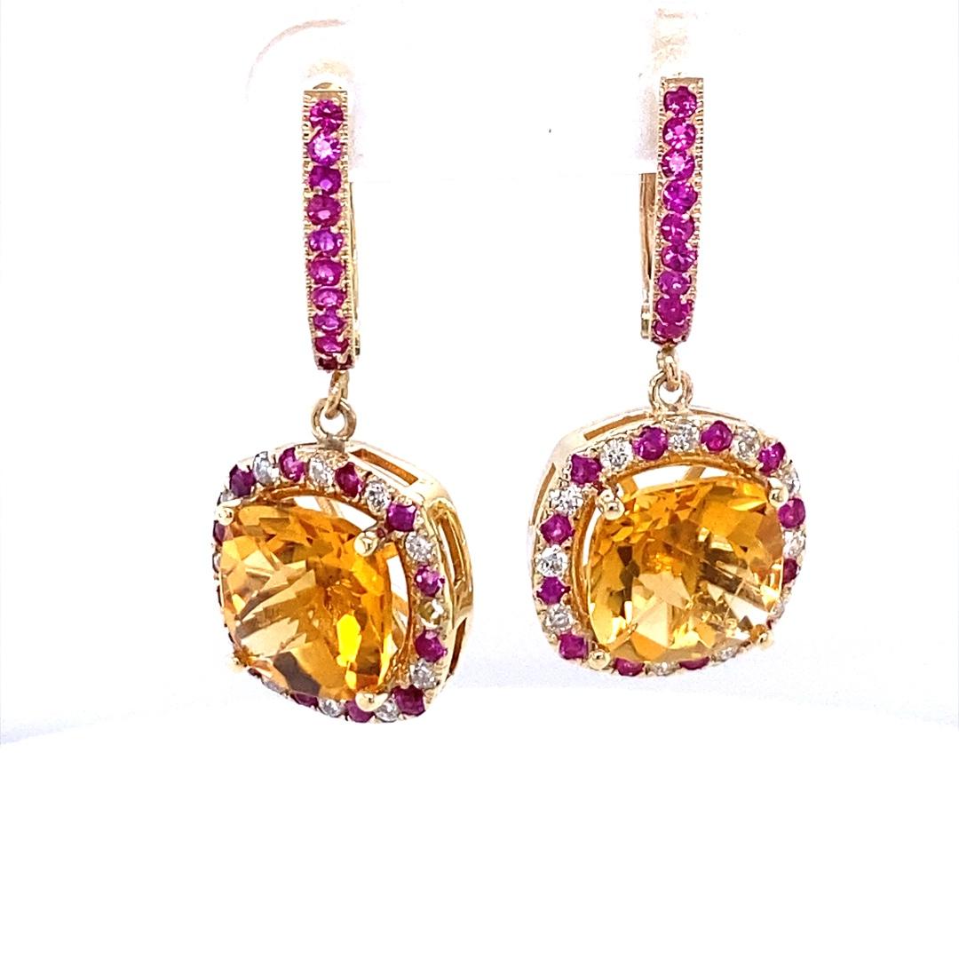 Contemporary 9.22 Carat Citrine Pink Sapphire Diamond Earrings 14 Karat Yellow Gold For Sale