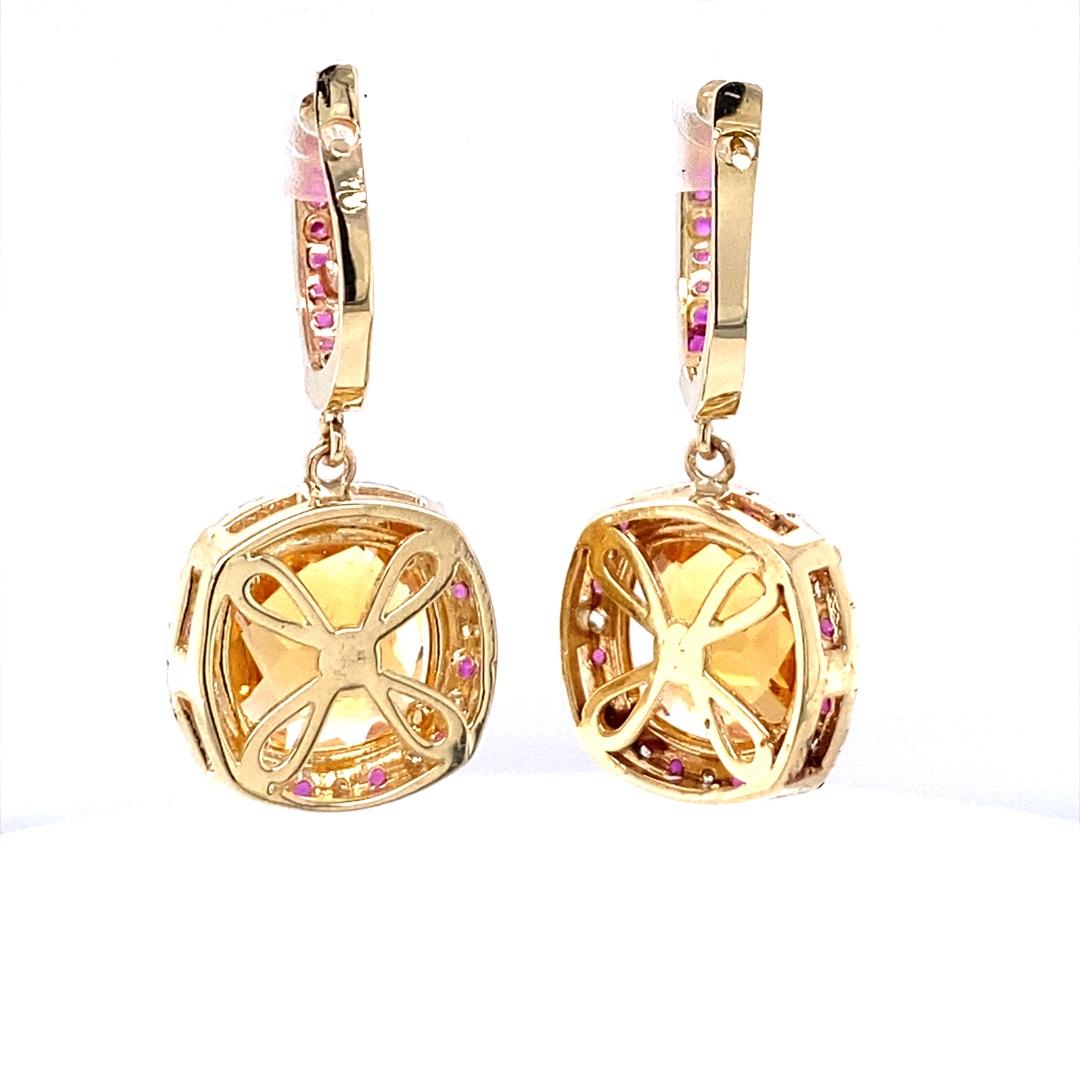9.22 Carat Citrine Pink Sapphire Diamond Earrings 14 Karat Yellow Gold In New Condition For Sale In Los Angeles, CA