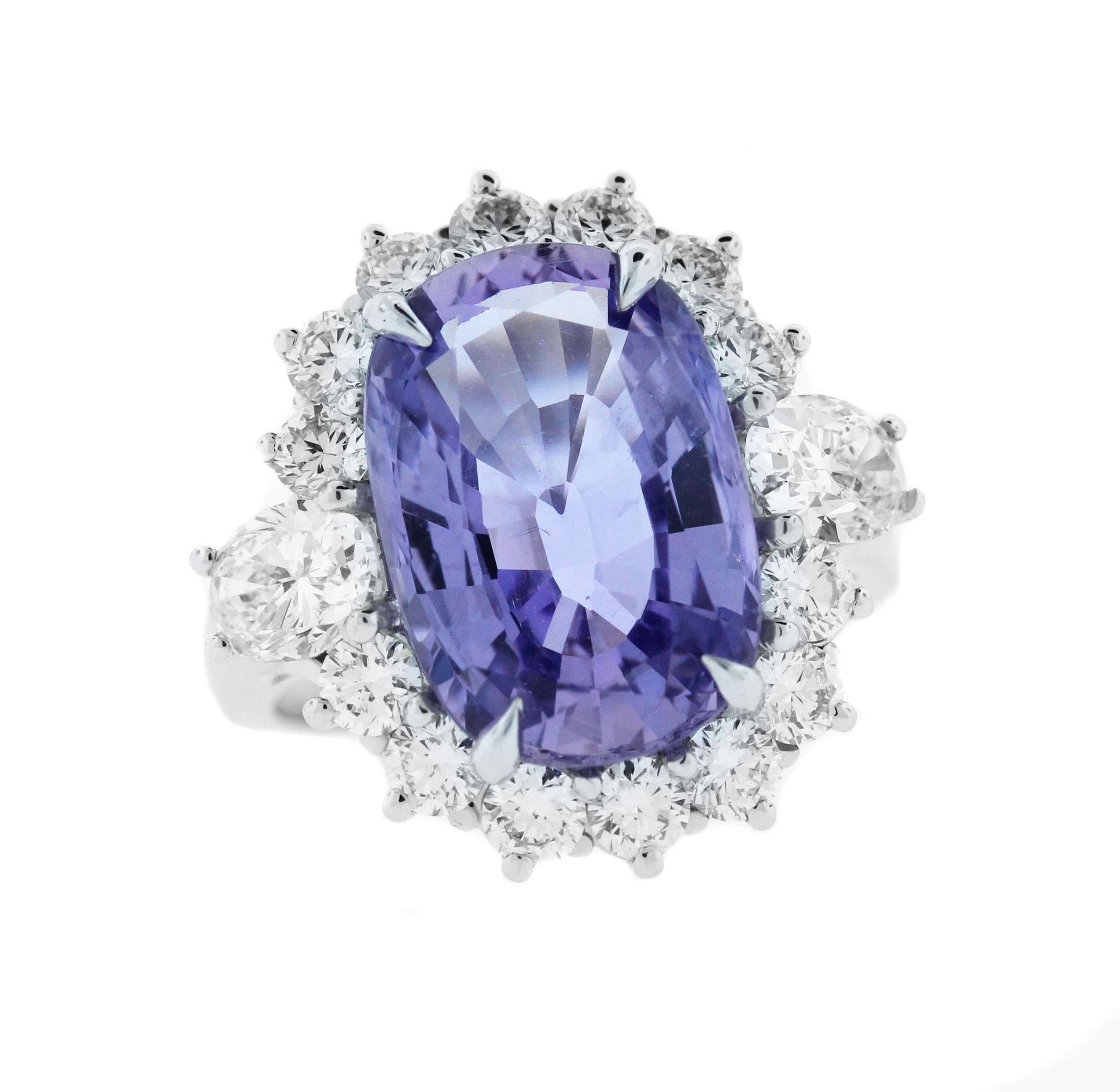 VERY RARE

9.22ct. Natural Violet Purple Sapphire Center 

AGL CERTIFIED. 

Origin: Ceylon. Cushion Cut. 13mm x 7mm. Has Heat enhancement. 

Apprx. 3.20ct. G Color, VS Diamonds

Ring is done in platinum, 13.06 grams

Face of ring is 0.8 inches