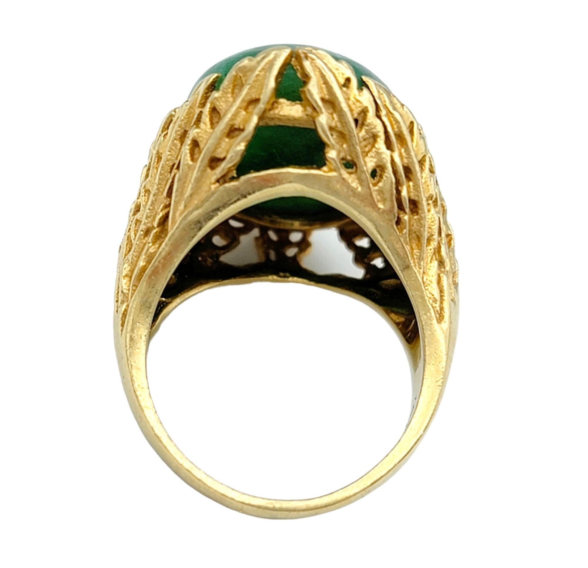 Women's 9.22 Carat Oval Cabochon Green Jade Ring with Leaf Design in 14 Karat Gold For Sale