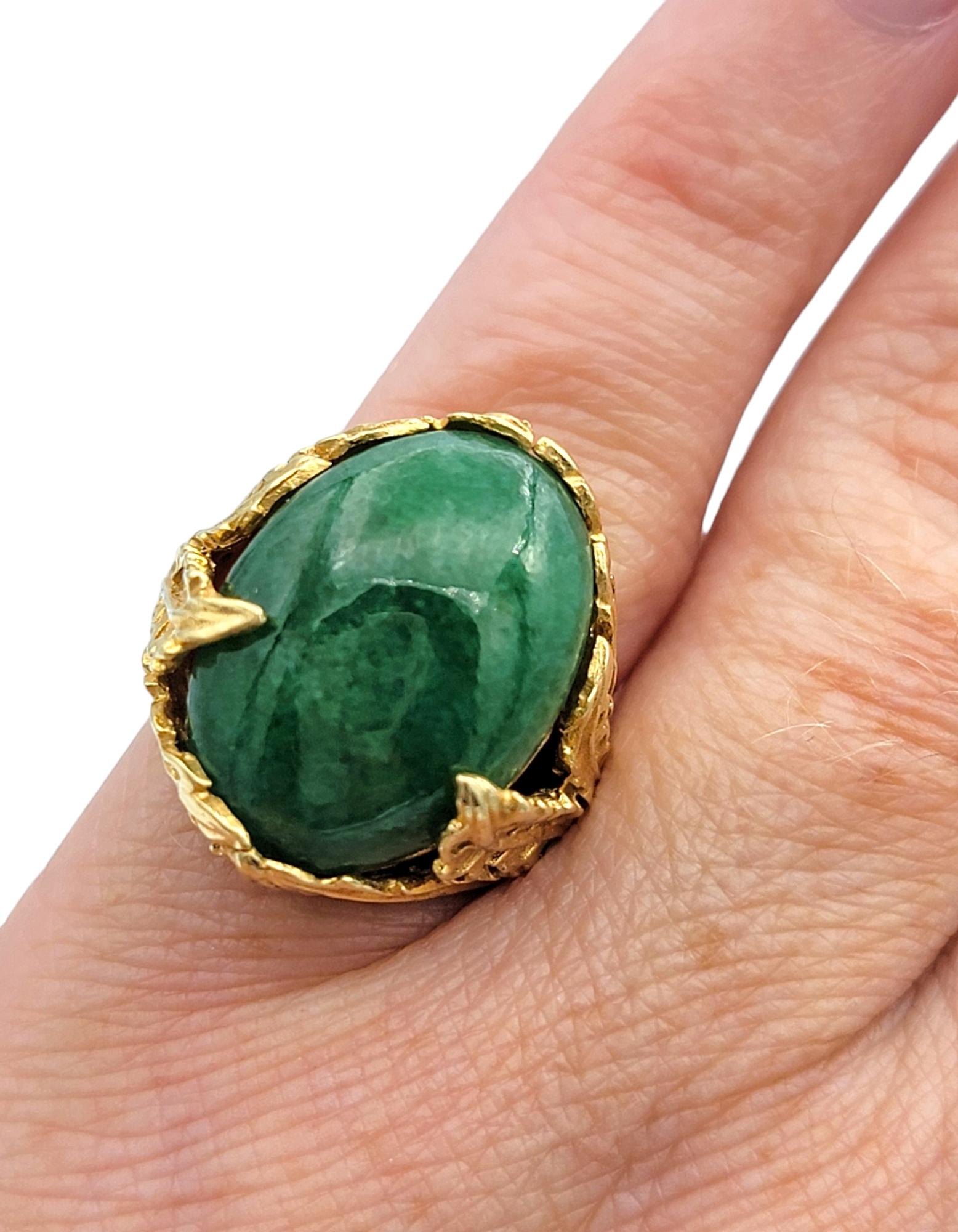 9.22 Carat Oval Cabochon Green Jade Ring with Leaf Design in 14 Karat Gold For Sale 2