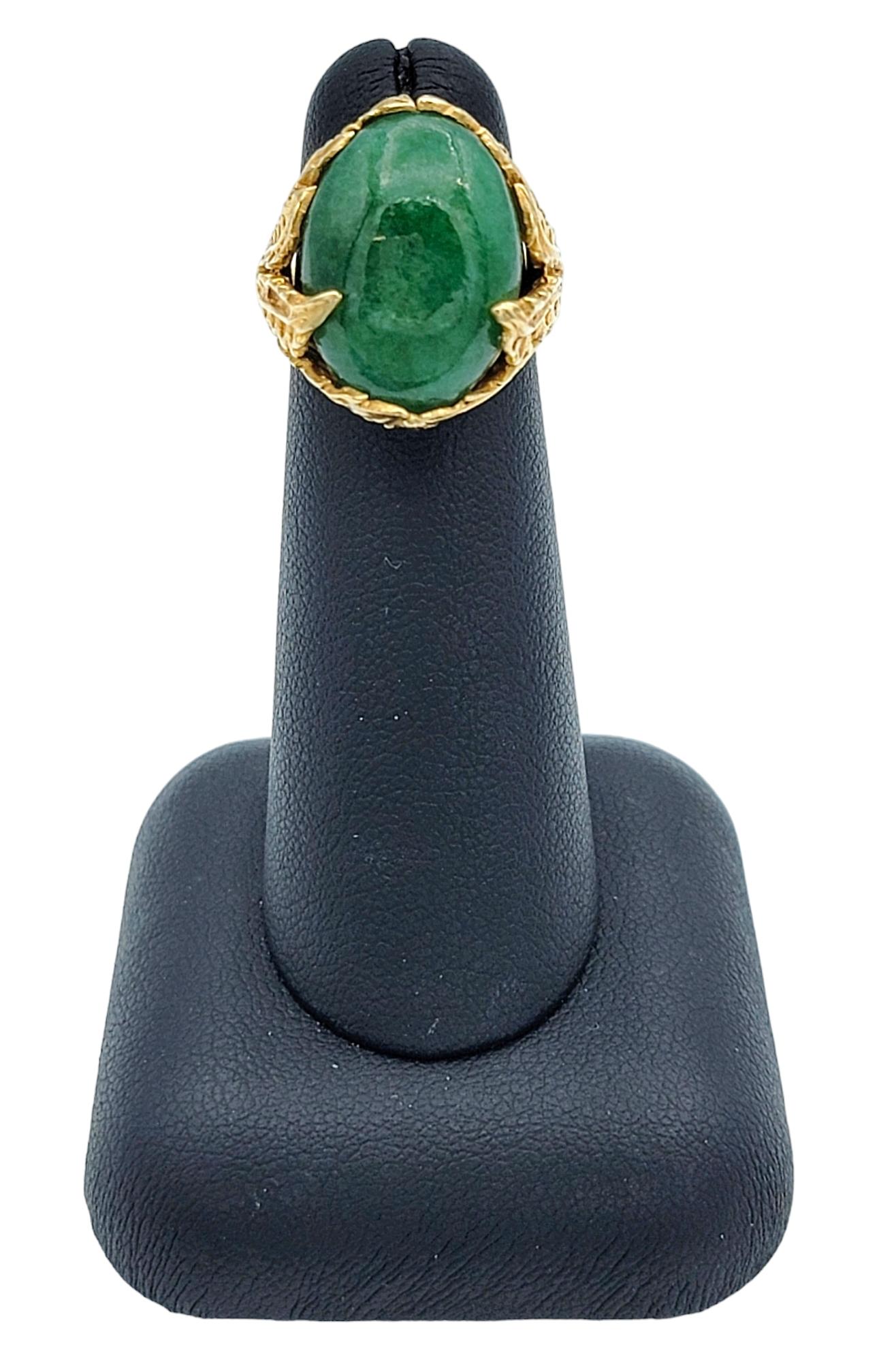 9.22 Carat Oval Cabochon Green Jade Ring with Leaf Design in 14 Karat Gold For Sale 3
