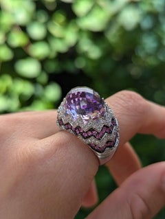 9.22ct Amethyst, Pink Sapphire & Diamond Crown Dome Ring in 9ct White Gold