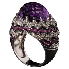 9.22ct Amethyst, Pink Sapphire & Diamond Crown Dome Ring in 9ct White Gold