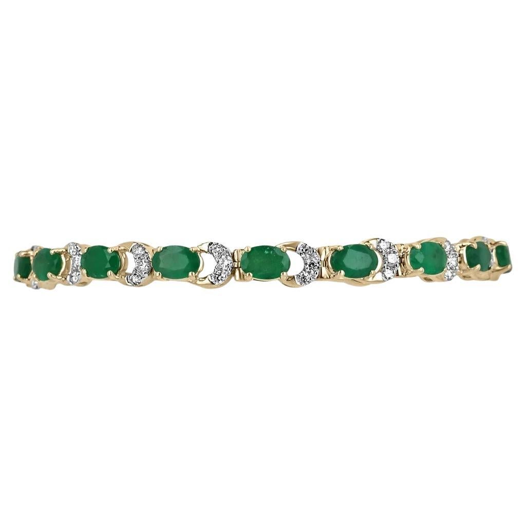 9.22tcw 14K Rich Green Oval Cut Emerald & Diamond Half Moon Accent Gold Bracelet