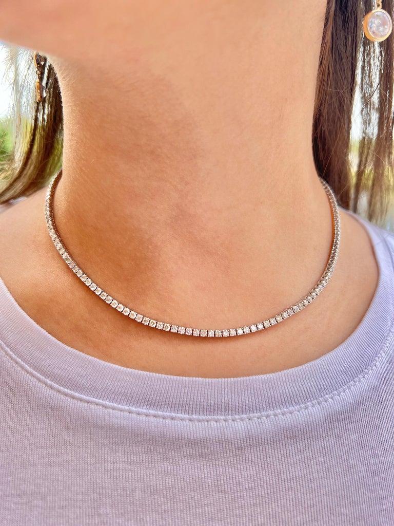 Round Cut 9.23 Carat Classic Diamond Tennis Necklace in 14k White Gold by Gem Jewelers Co For Sale