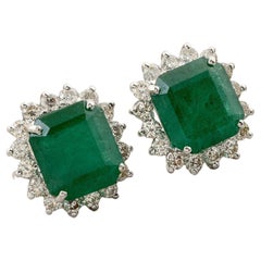 9.23 Carats Zambian Emerald Diamond 14 Karat Gold Square Stud Earrings