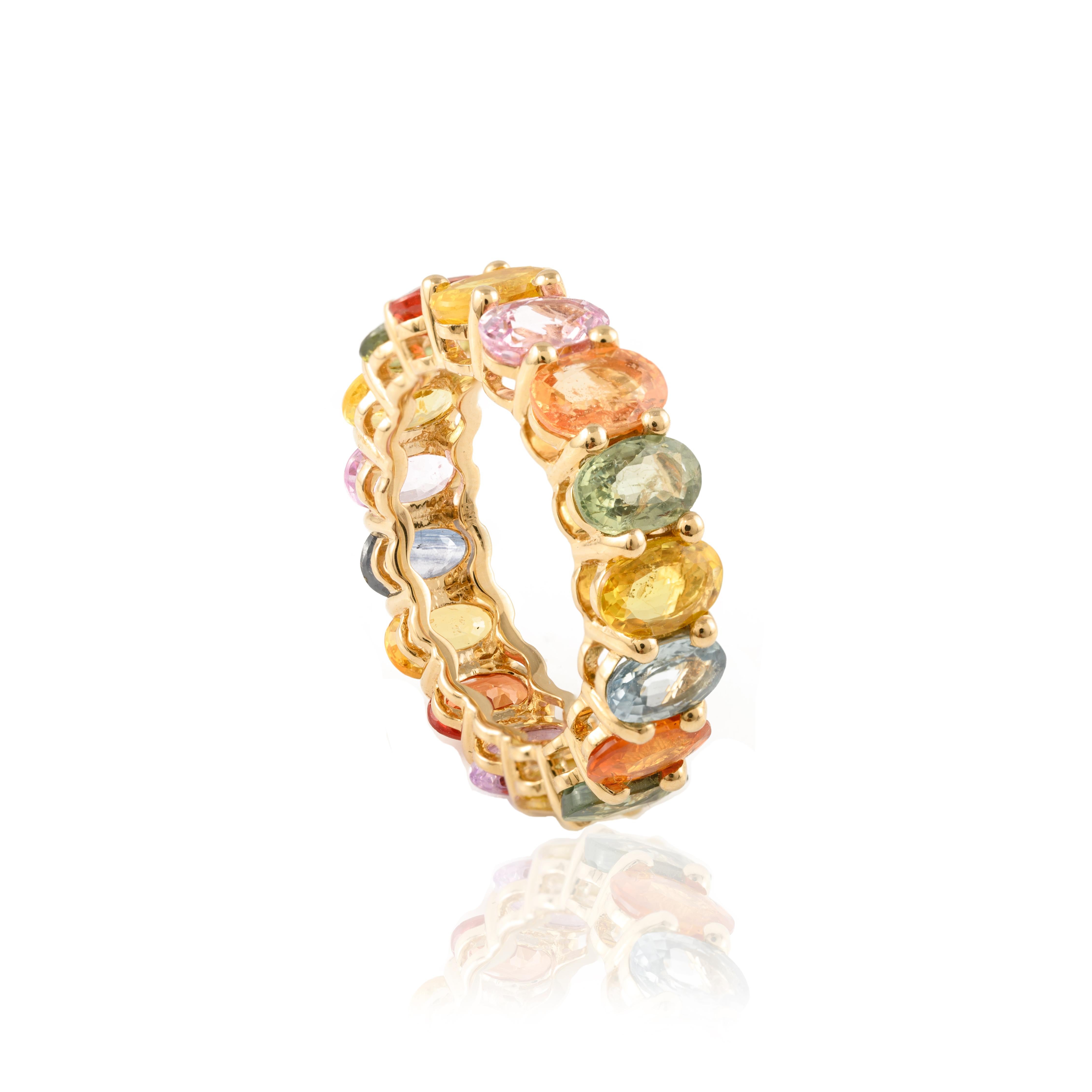 For Sale:  14k Solid Yellow Gold 9.23 CTW Oval Cut Multi Color Sapphire Eternity Band Ring 4