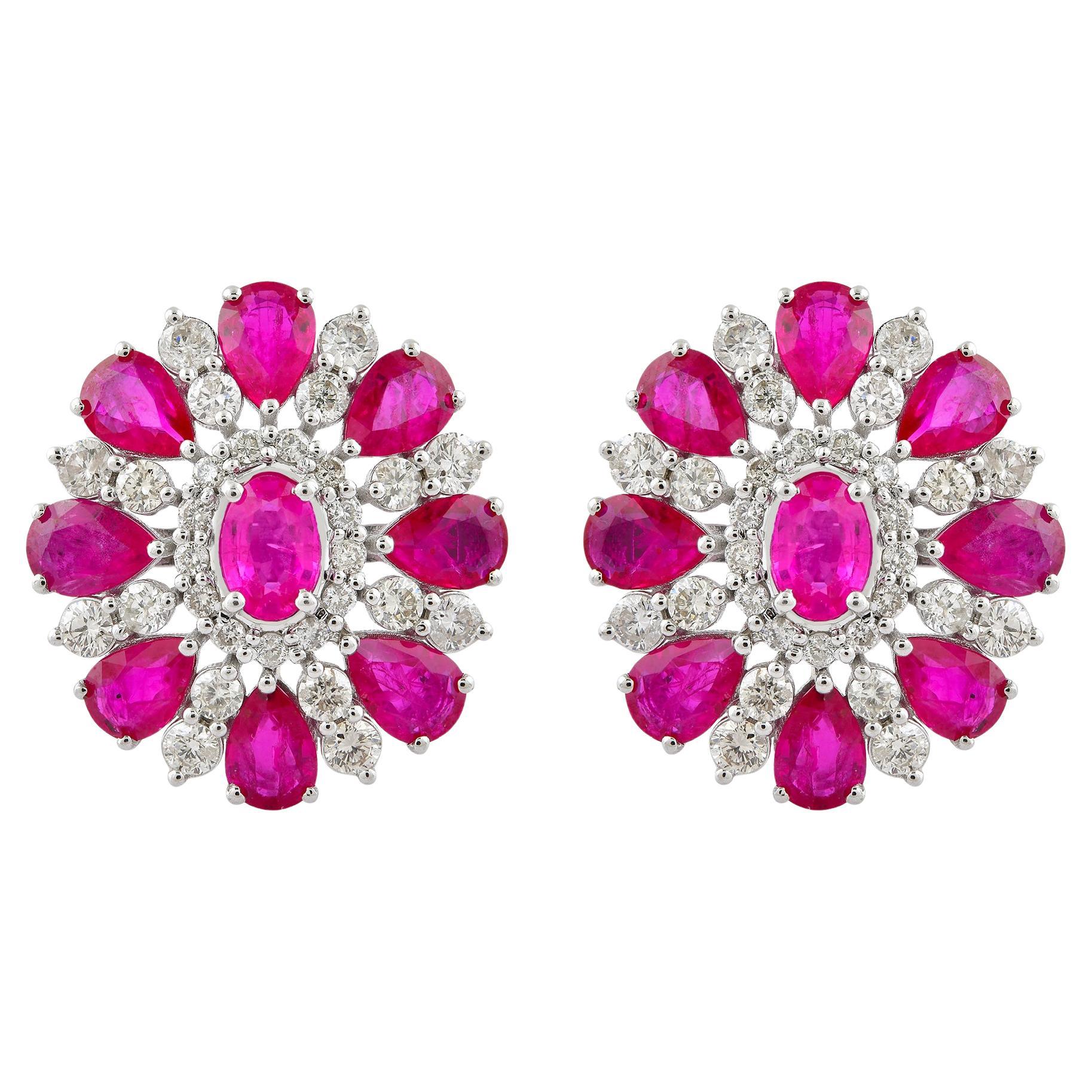9.23 CTW Oval Ruby Diamond Floral Wedding Stud Earrings 10 Karat White Gold For Sale