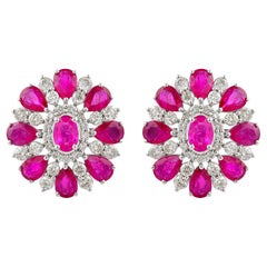 9.23 CTW Oval Ruby Diamond Floral Wedding Stud Earrings 10 Karat White Gold