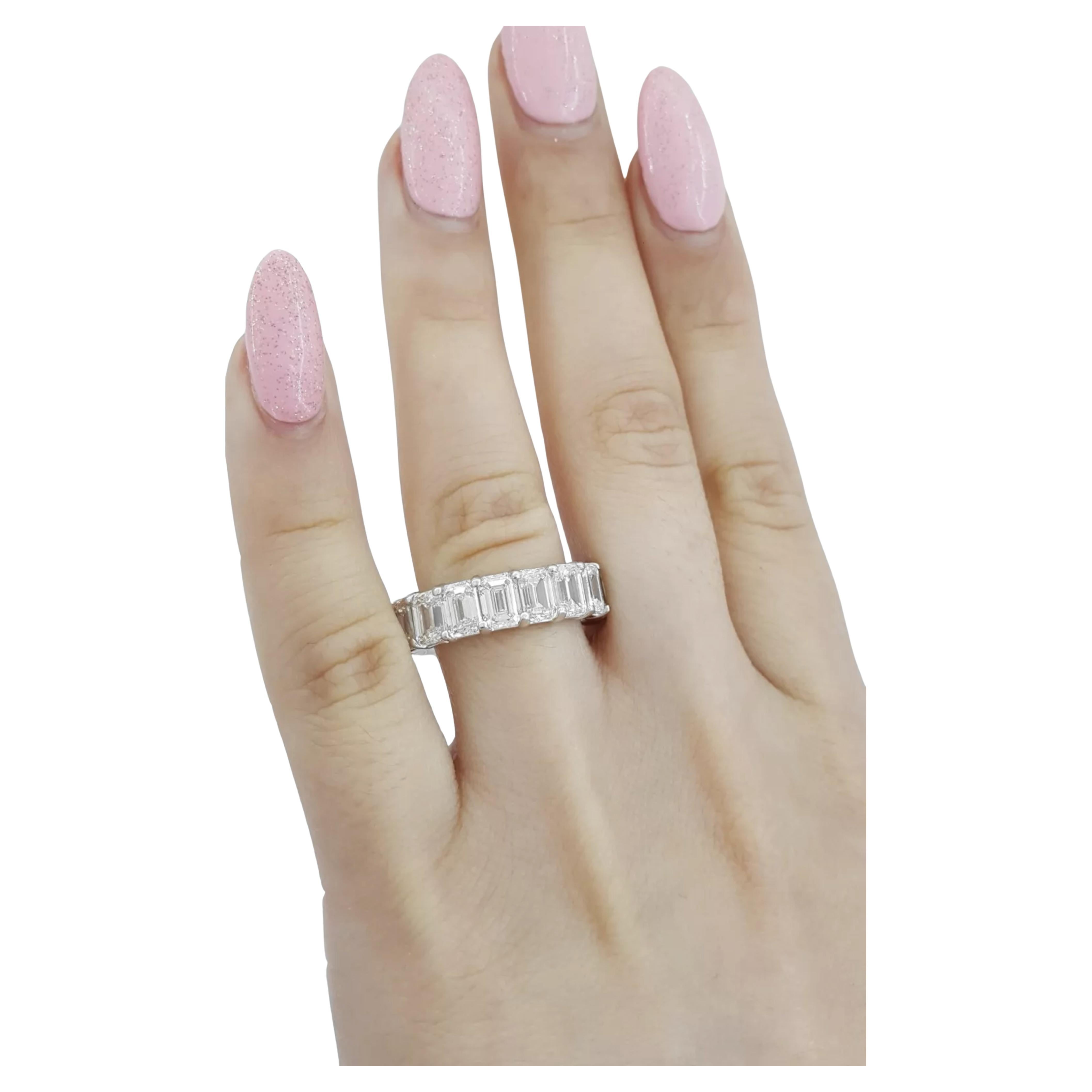 Contemporary 9.24 Carat Platinum Emerald Cut Diamond Full Circle Eternity Ring For Sale
