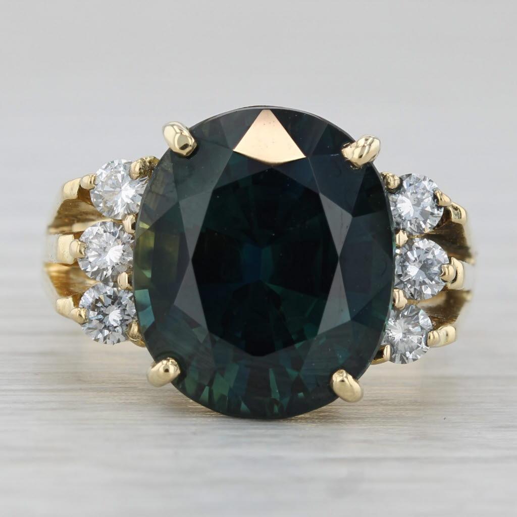 9.24ctw Teal Sapphire Diamond Ring 18k Yellow Gold Size 7 GIA Engagement In Good Condition For Sale In McLeansville, NC