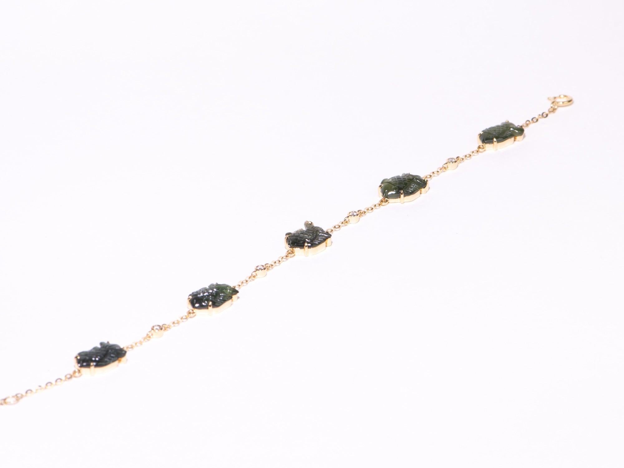 Uncut 9.24ctw Teal Sapphire Fish Carving with Diamond Bubbles Bracelet 14K Gold 7