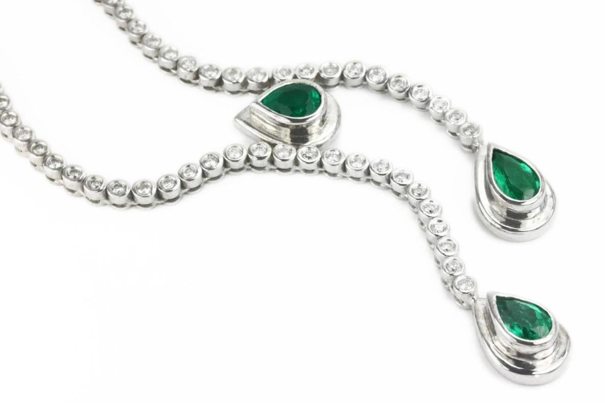 Pear Cut 9.24tcw 18K Colombian Emerald Pear & Diamond Necklace For Sale