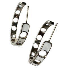 925/10K Sterling Silver and 10K Yellow Gold White Enamel Hoops