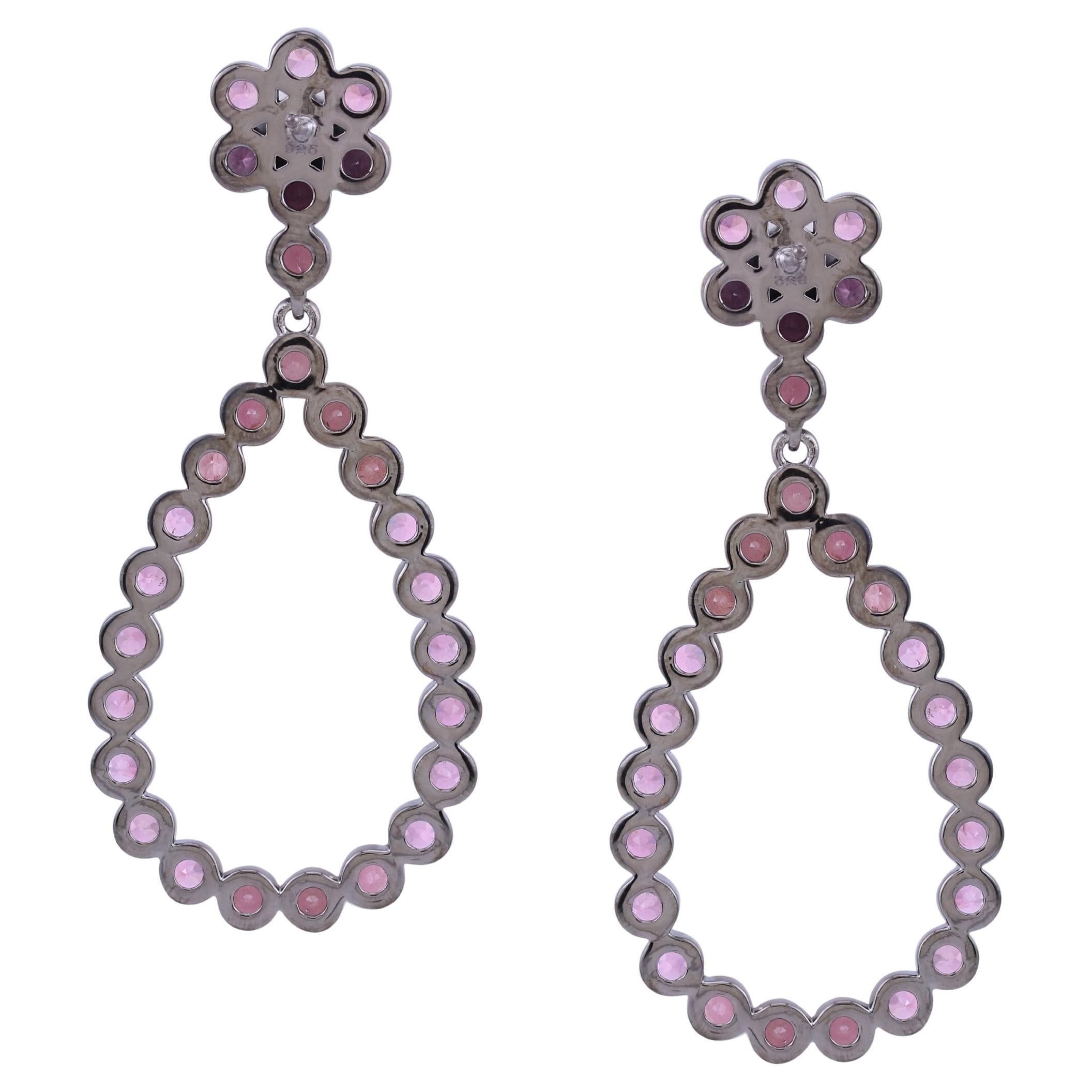 925 Black Rhodium Sterling Silver Pink Tourmaline Drop Earrings For Sale