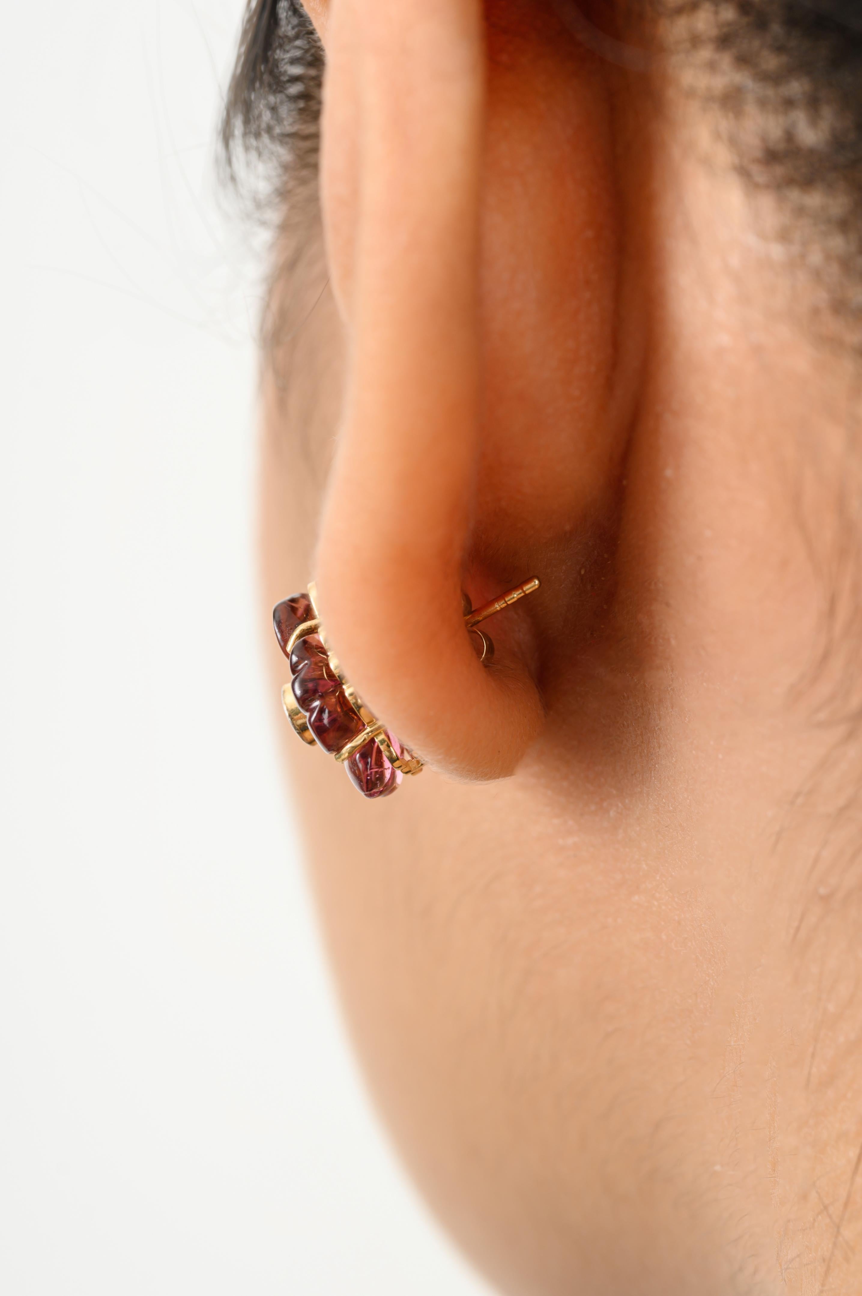 Women's 9.25 Carat Carved Tourmaline Big Flower Stud Earrings in 18k Solid Yellow Gold For Sale
