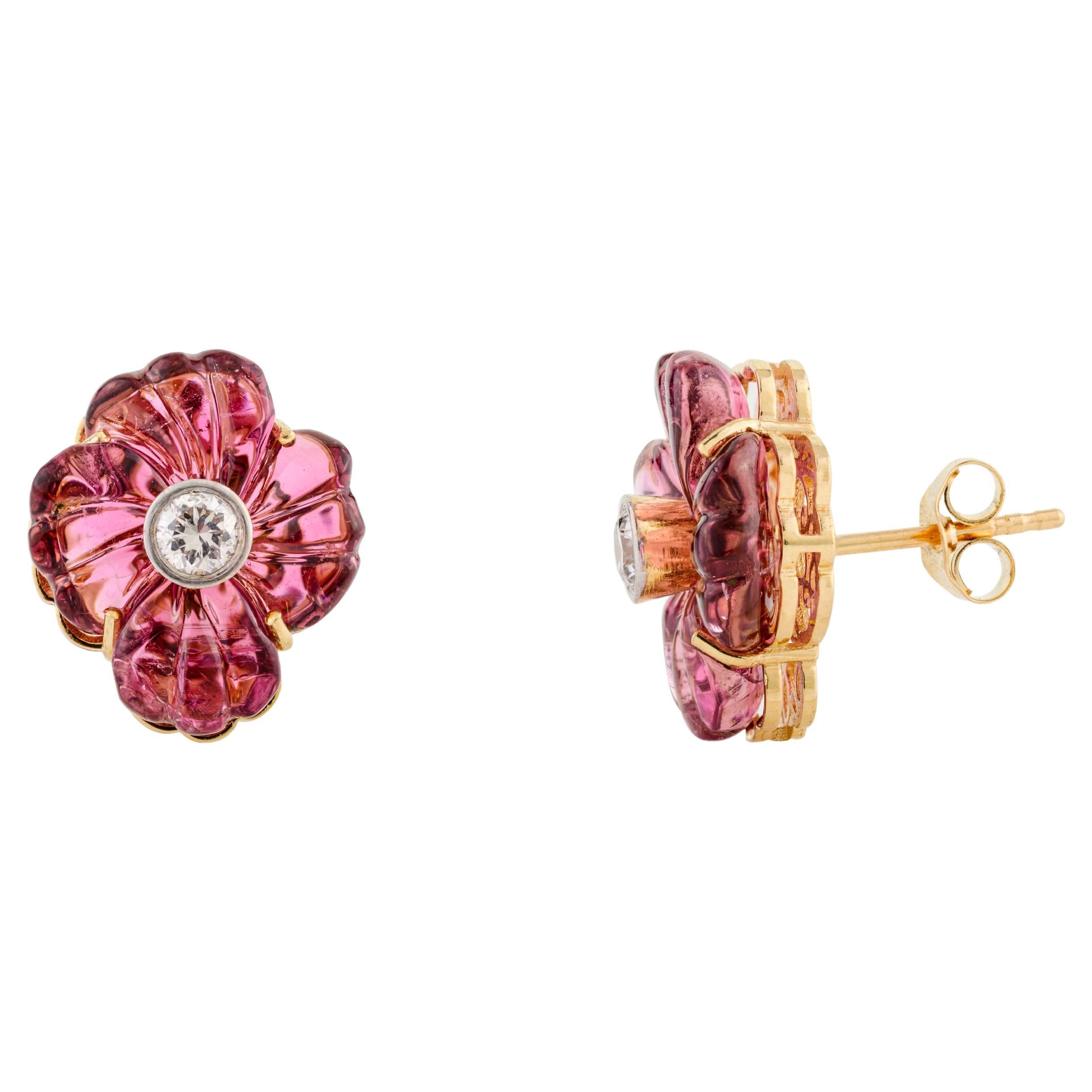 9.25 Carat Carved Tourmaline Big Flower Stud Earrings in 18k Solid Yellow Gold For Sale