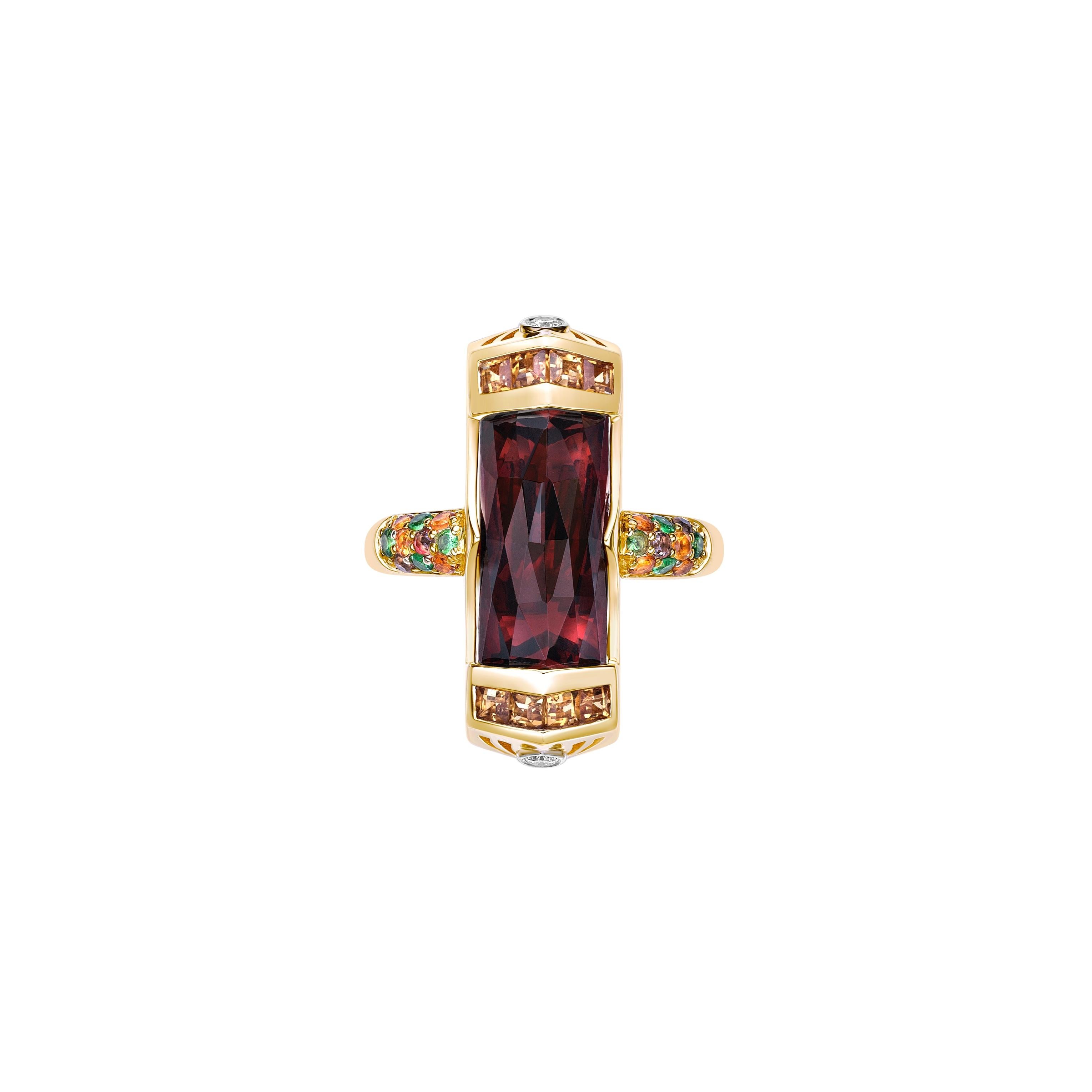 Contemporary 9.25 Carat Garnet Cocktail Ring in 18KYG with Multi Gemstone and Diamond. For Sale