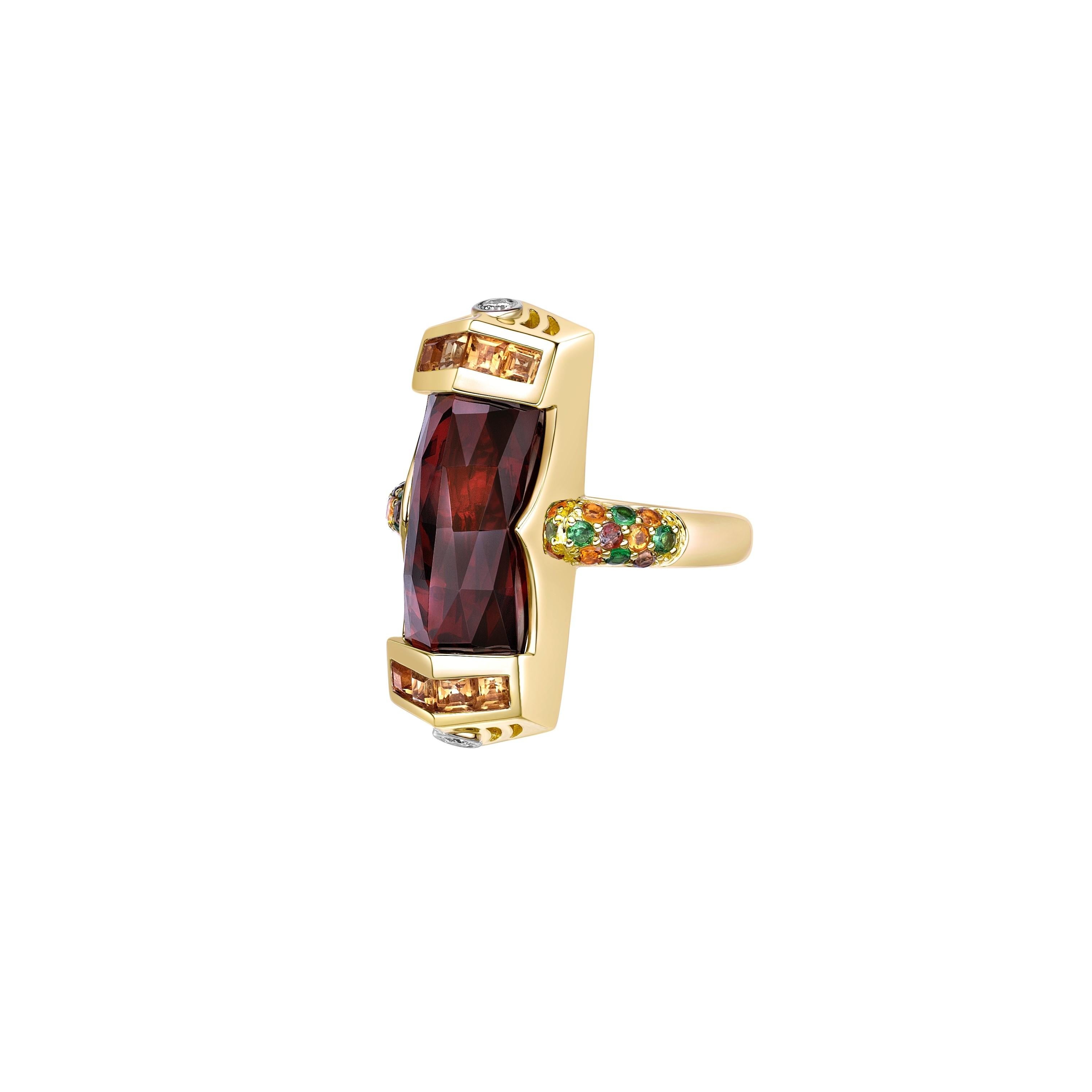 Baguette Cut 9.25 Carat Garnet Cocktail Ring in 18KYG with Multi Gemstone and Diamond. For Sale