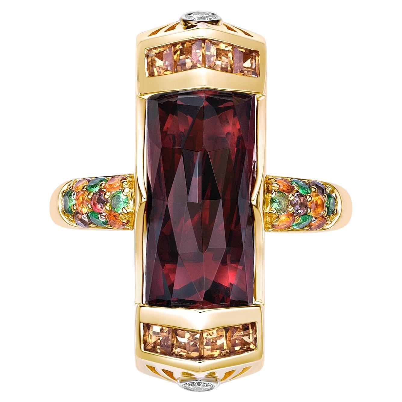 9.25 Carat Garnet Cocktail Ring in 18KYG with Multi Gemstone and Diamond. For Sale