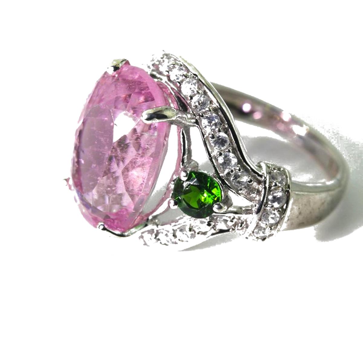 Gemjunky Festive 9.25 Ct Pink Kunzite, Chrome Dioxide & Zircon Silver Party  Ring In New Condition In Raleigh, NC