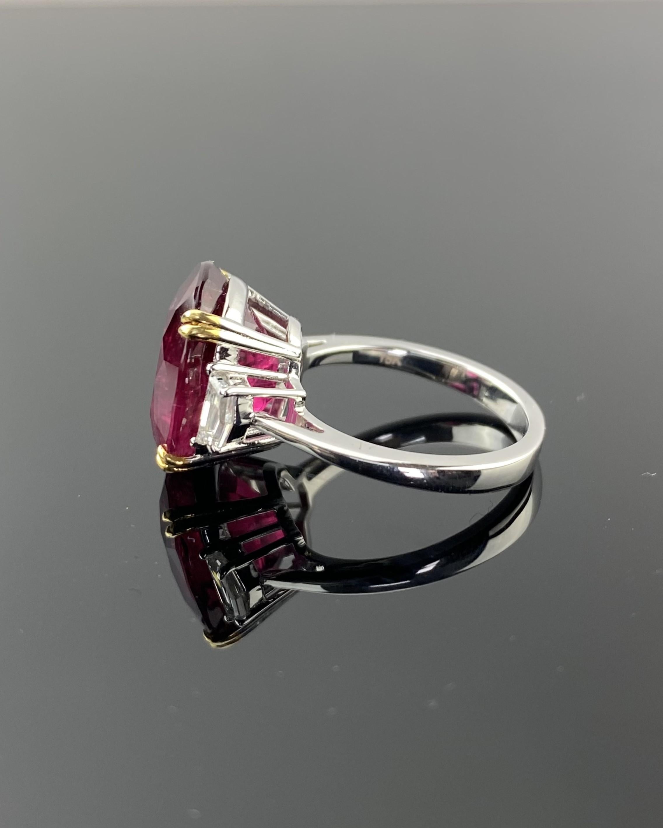 Oval Cut 9.25 Carat Rubelite and Diamond Three Stone Engagement Ring For Sale