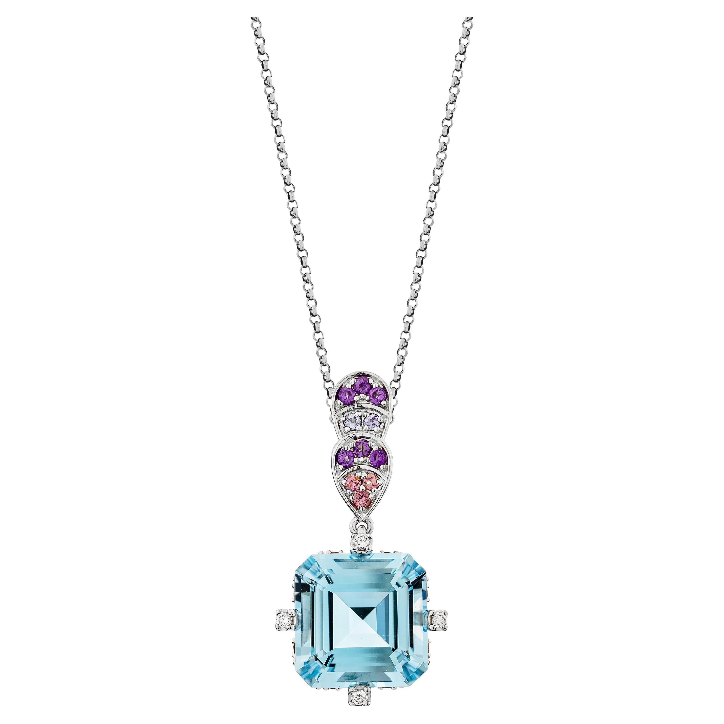 9.25 Carat Swiss Blue Topaz Pendant in 18KWG with Multi Gemstone and Diamond.