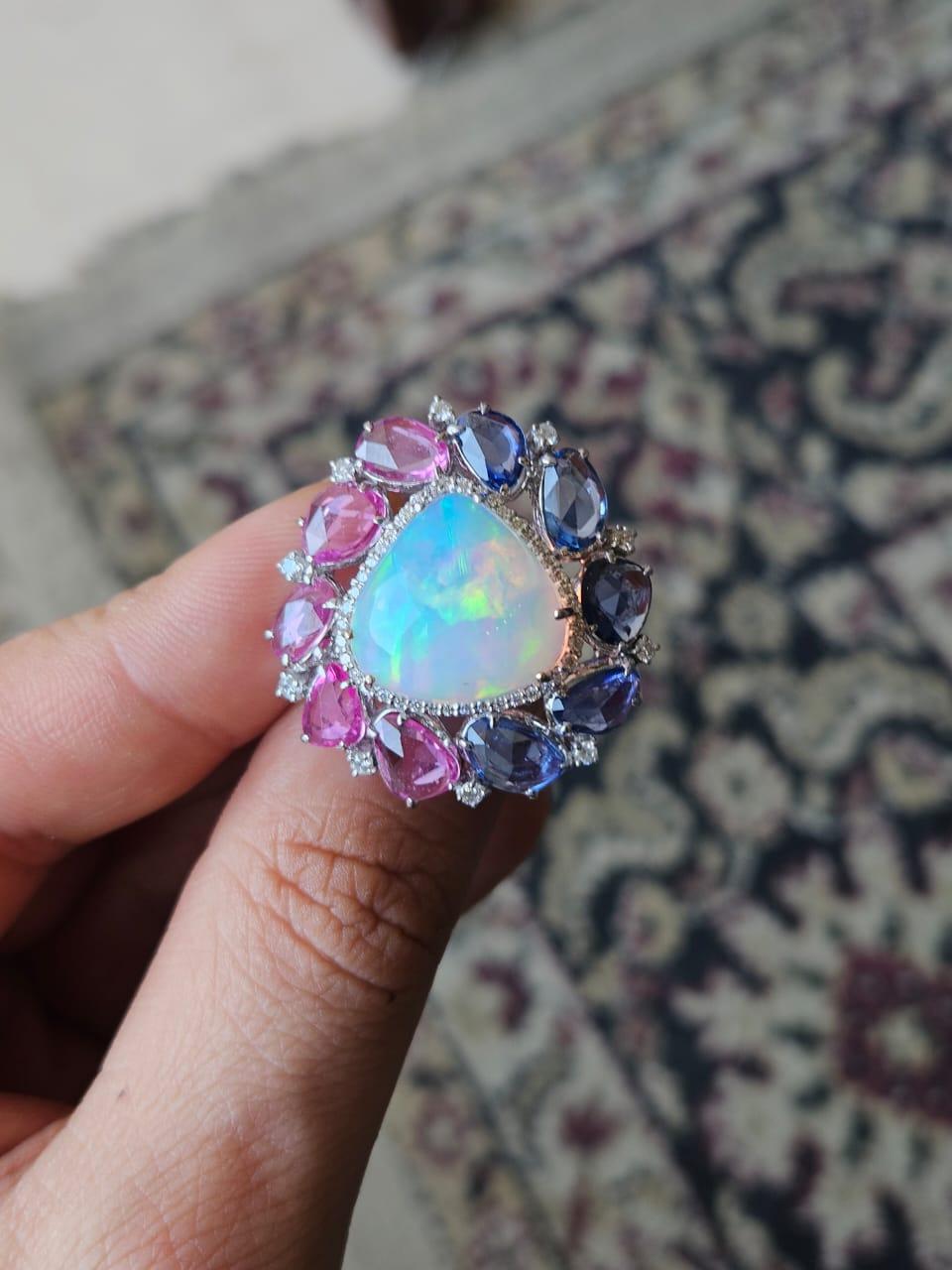 Modern 9.25 carats, Ethiopian Opal, Blue & Pink Sapphires & Diamonds Cocktail Ring For Sale